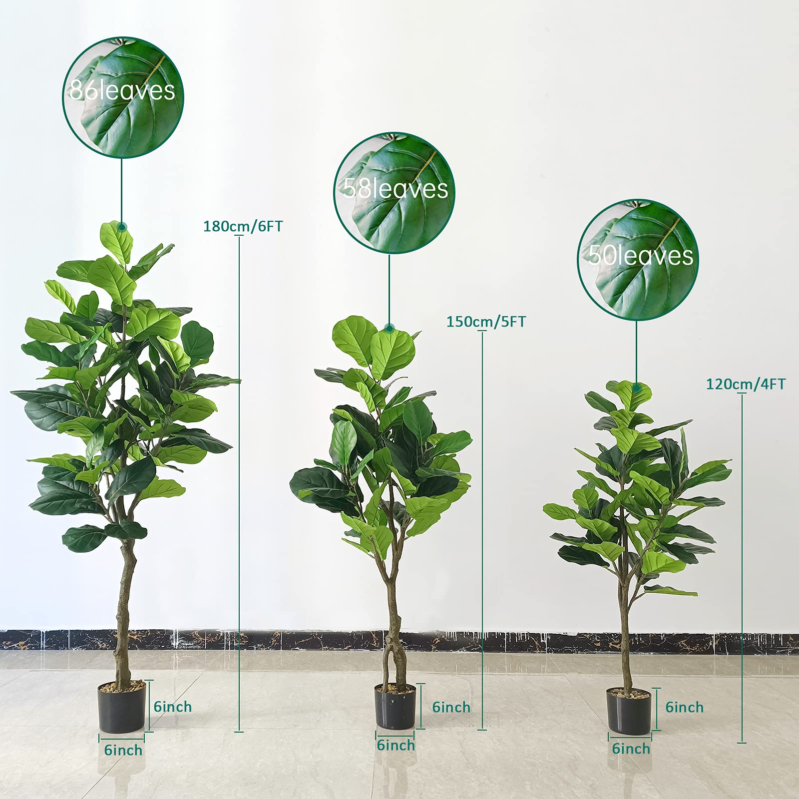 SZHLUX 6FT Faux Fiddle Leaf Fig Tree, Artificial Plants for Home Decor Indoor, Lifelike Evergreen Fake Artificial Ficus Tree Perfect Match for Home Office, Indoor and Outdoor Housewarming Decoration.