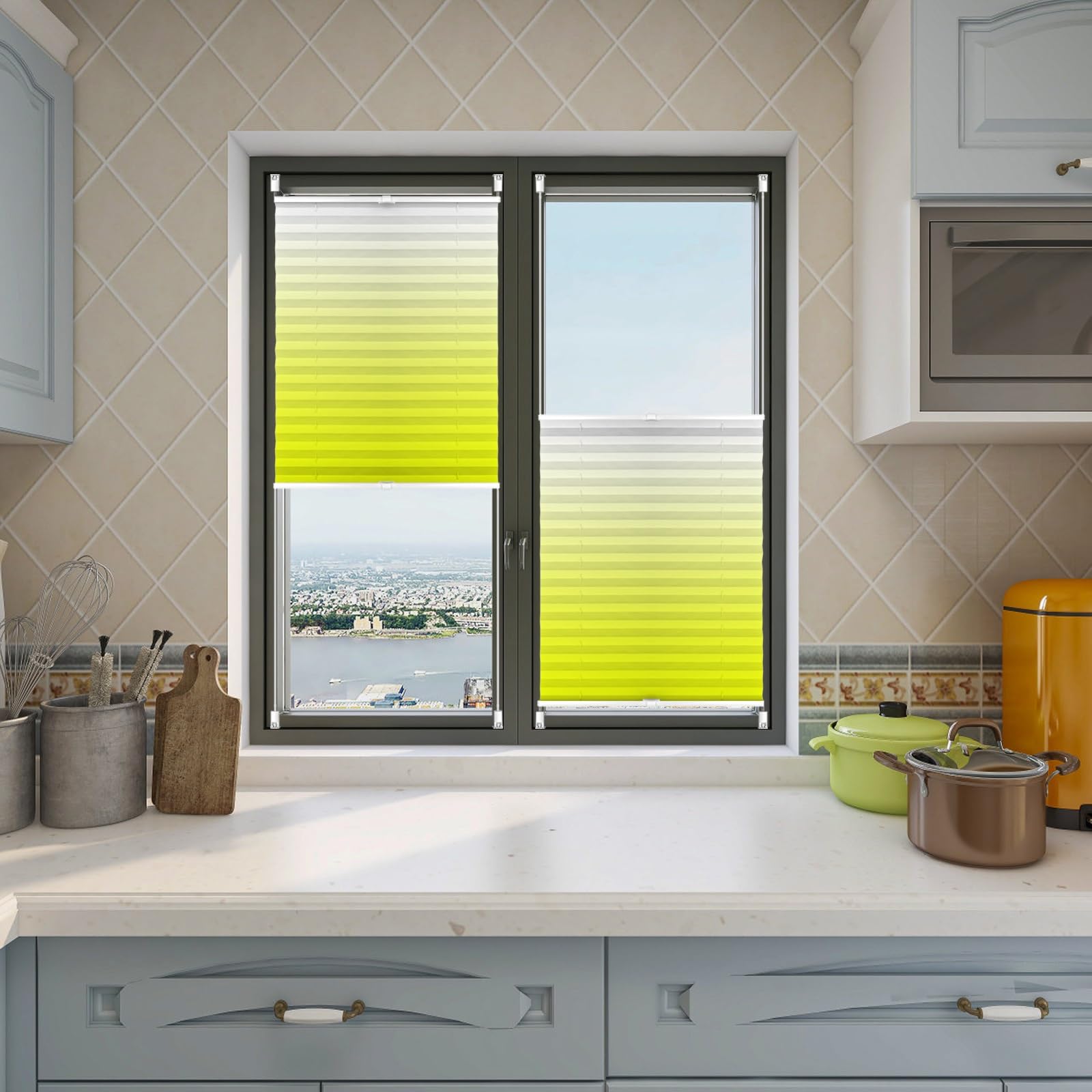 Store Plissé Fenêtre 95 x 100 cm Stores pour Fenêtres, Store Plissé pour Fenêtre sans Perçage, Ouverture à Double Sens pour Fenêtres Et Portes, Jaune