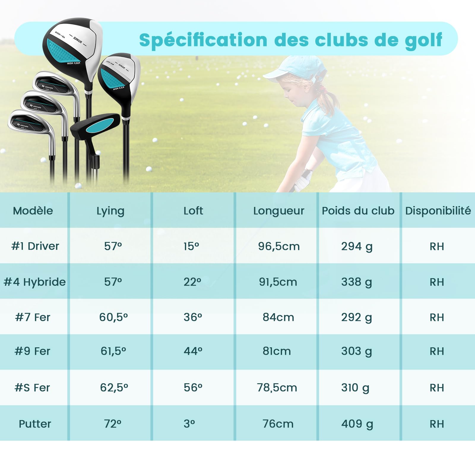 COSTWAY Ensemble Club de Golf Portable pour Enfants, Set de Golf Complet Sac Trépied avec Capuche Anti-Pluie, pour Droitier