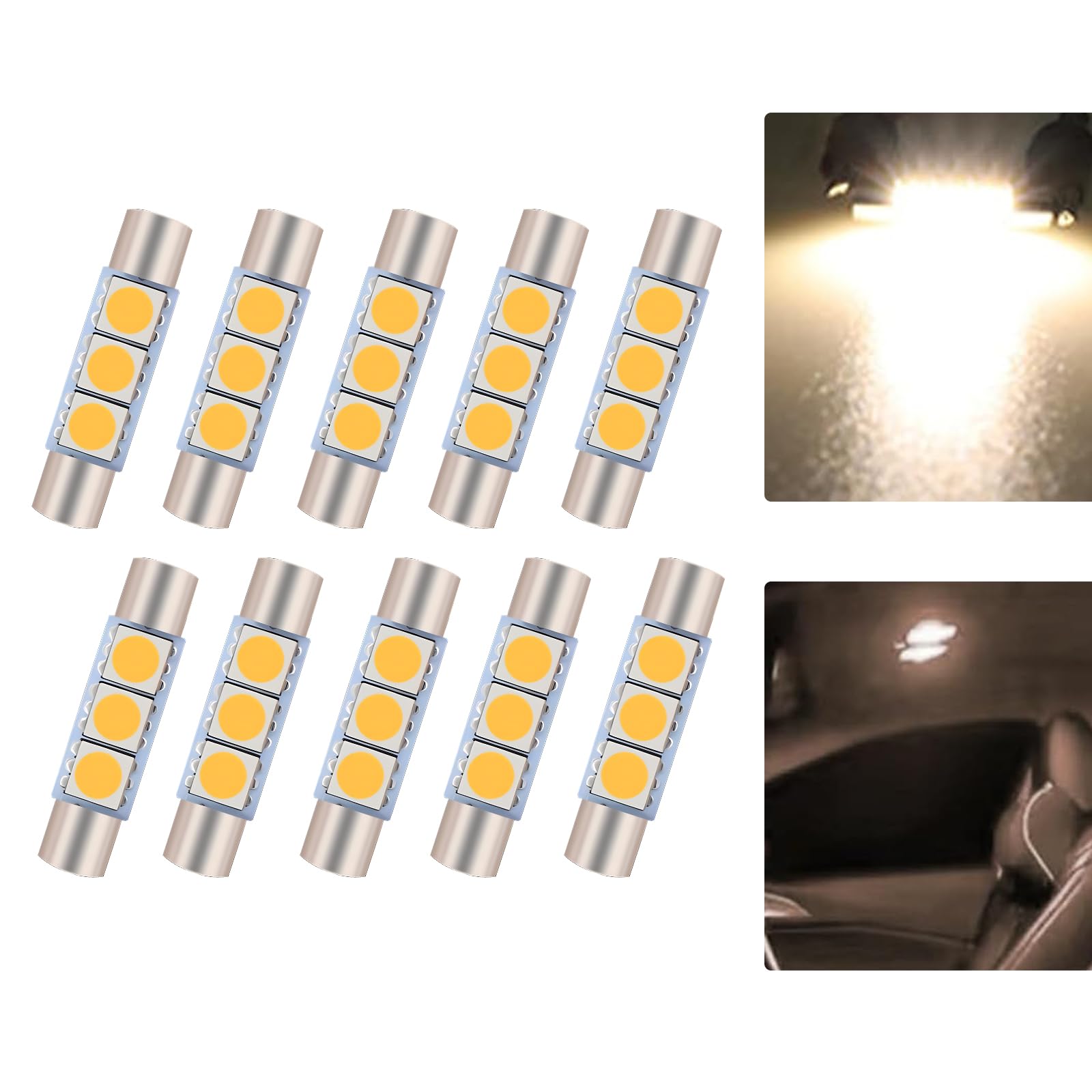 Pack-10 28MM LED Car Reading Light, Super Bright Vehicle Roof Light Replacement, Universal 180 Degree Automotive Makeup Light Accessories for Truck SUV Car (Warm White Light)