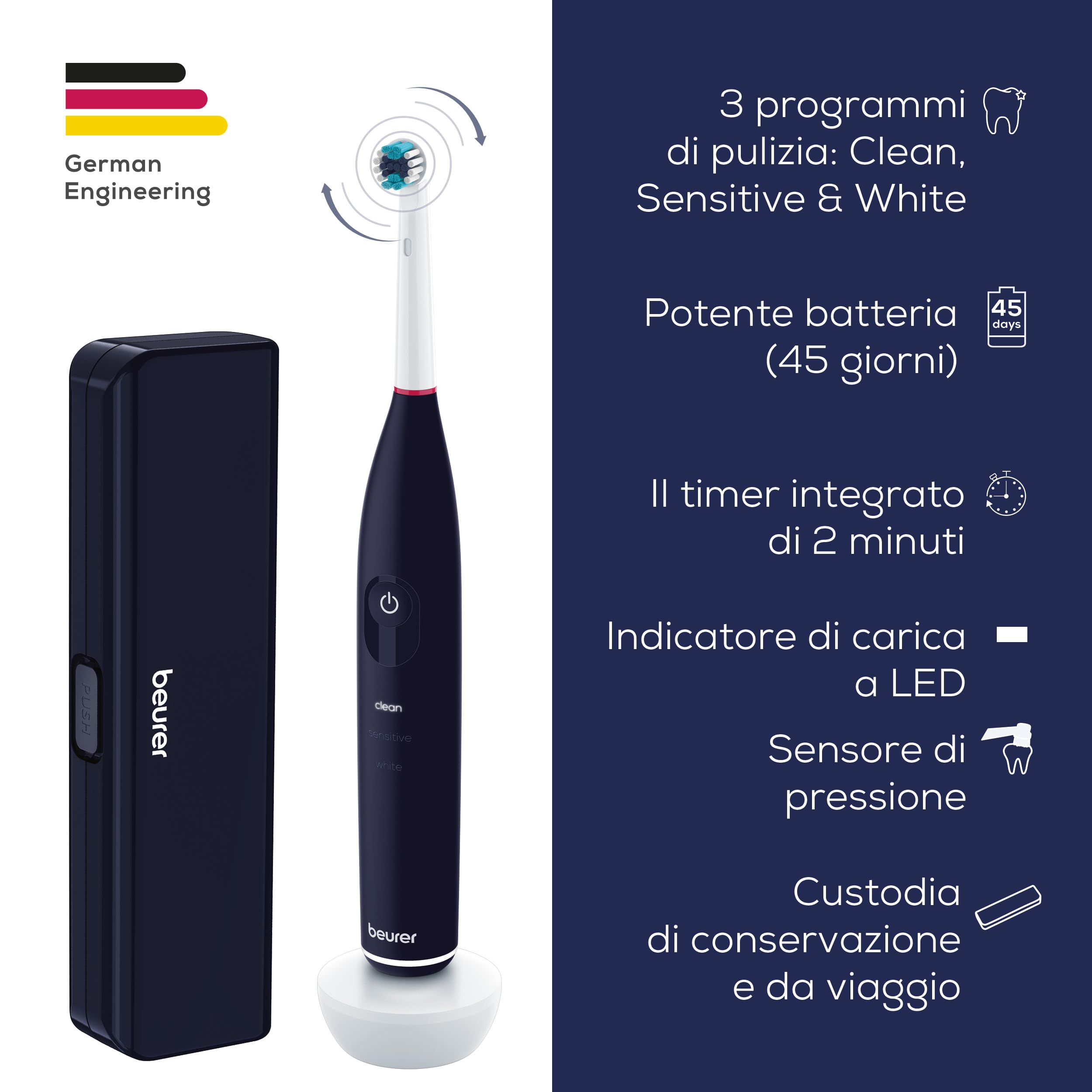 Beurer TB 50 Spazzolino Elettrico con Sensore di Pressione, 3 Programmi Clean, Sensitive e White e Timer Integrato da 2 Minuti per Una Pulizia Corretta Batteria Ricaricabile, Autonomia di 45 Giorni