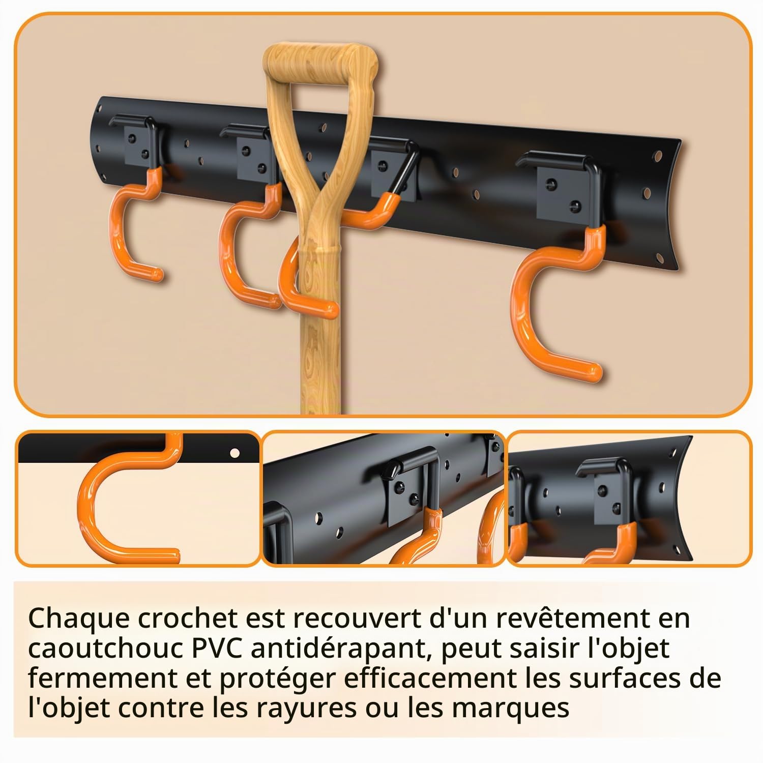 3-H Porte-Outils de Jardin Mural 6x 42 cm | Range Outils Jardin Crochet PVC Antidérapant, Support Mural Multifonctionnel pour Balais, Râteaux, Pelles, Garage, Remise