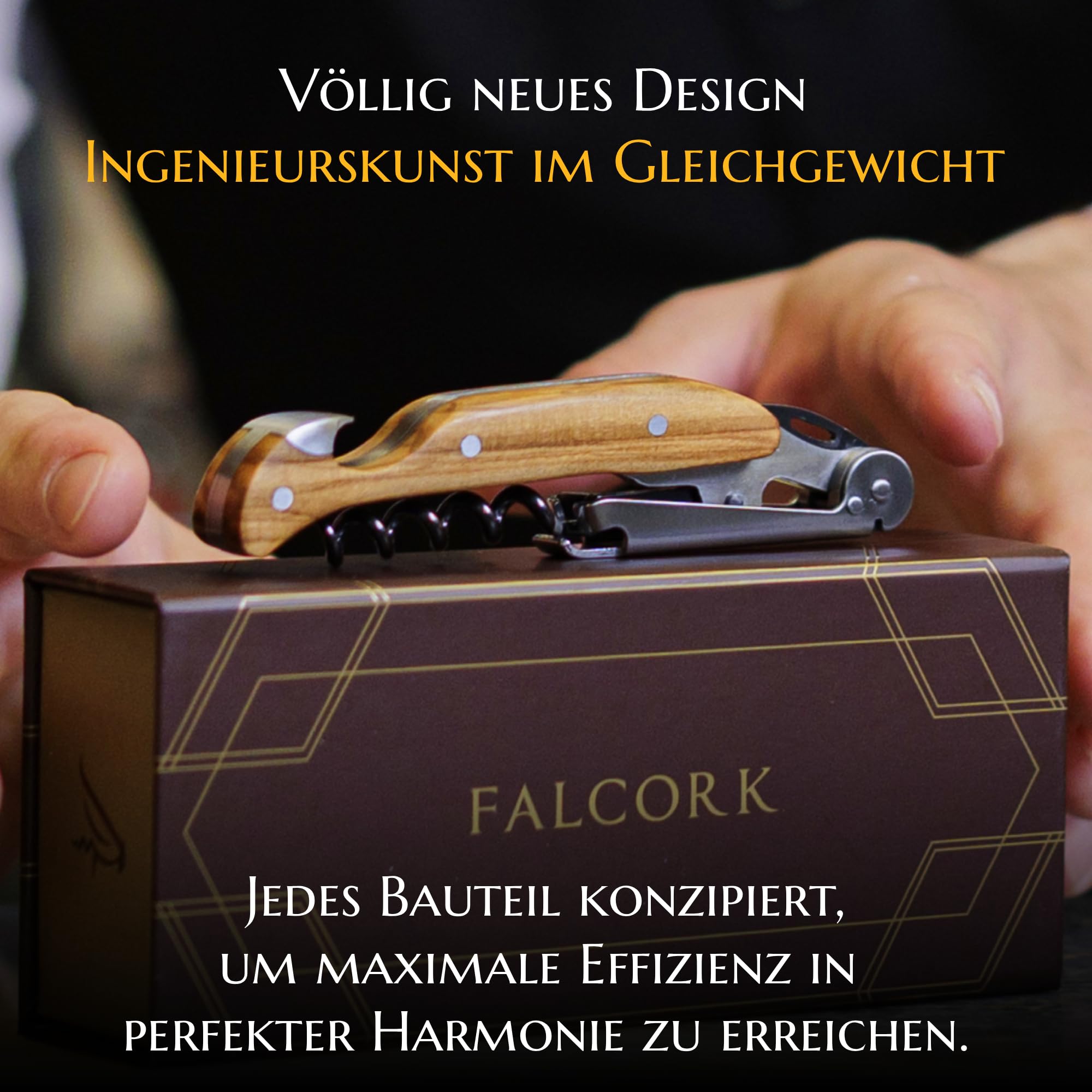 Kellnermesser für Profis FALCORK® 144 Effizienz – Ein-Schritt-Korkenzieher & Flaschenöffner für Intensiven Einsatz in der Gastronomie mit Optimal Markierter Helix & Glattem Griff aus Natur-Olivenholz