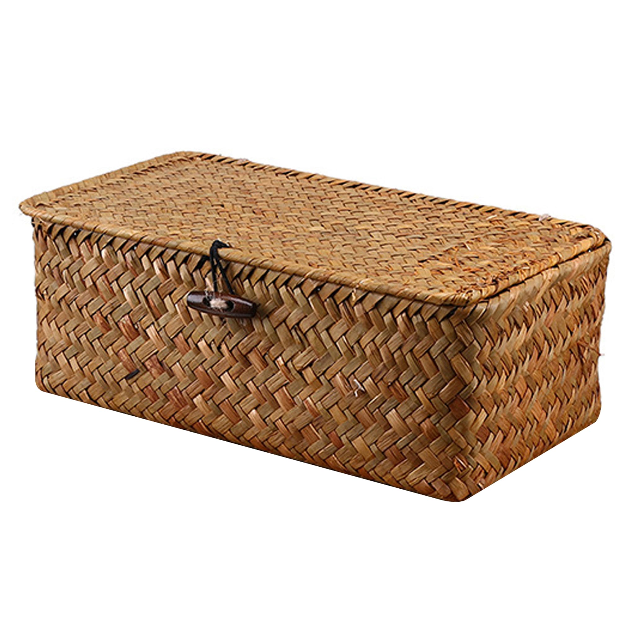 Tsawntd Shelf Baskets, Small Wicker Basket With Lid, Natural Straw & Rattan Woven Storage Box, Dust-proof Organizer - Light Brown, 23x13x8cm