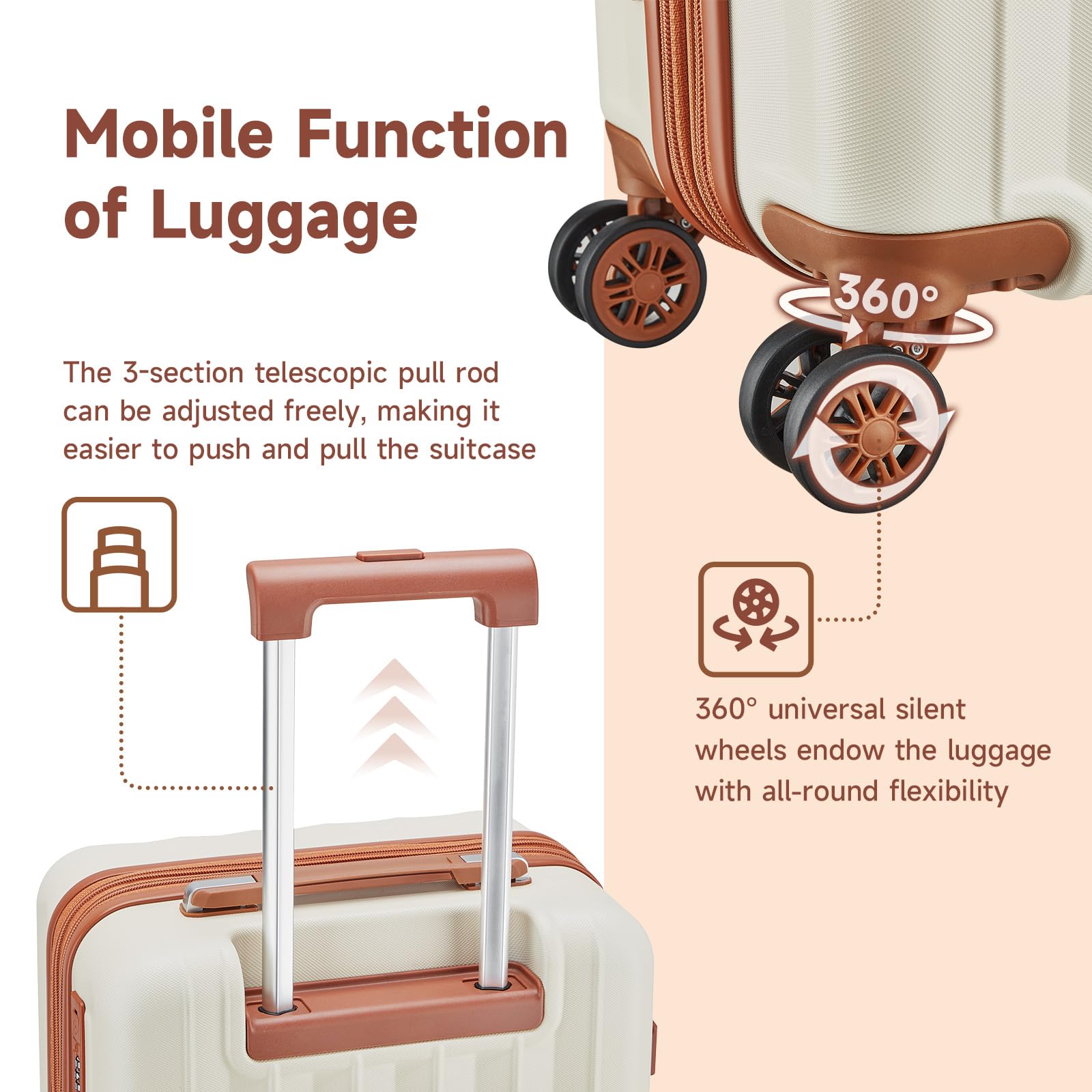 imiomo Carry on Luggage 18 Inch Suitcases with Wheels, Expandable Carry on Suitcase with USB Port and Cup Holder, Hardside Travel Luggage Set with TSA Lock, White Brown