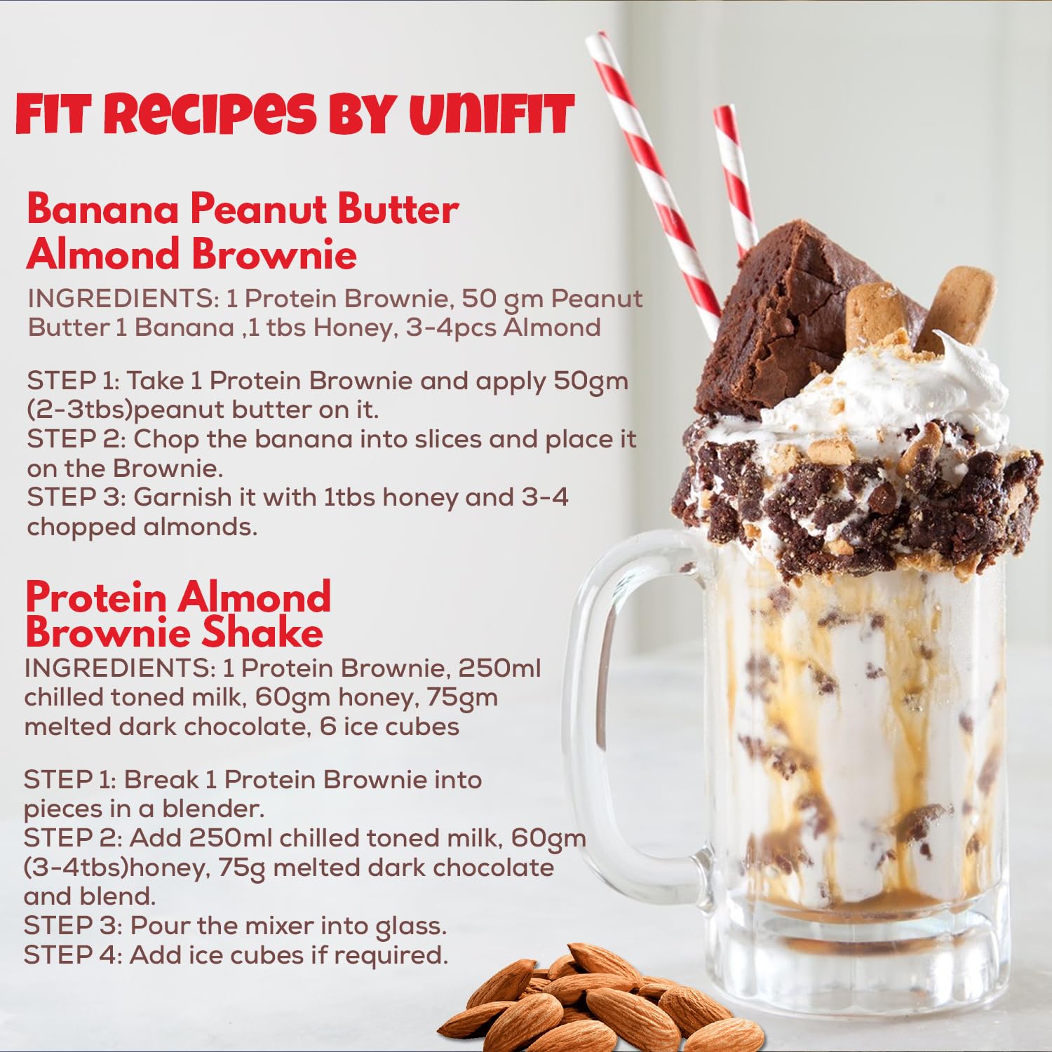 UNIFIT Delicious Ready to Eat Brownie With Almond Toppings & Rich Source of Protein & High Fiber Sugar Added | brownie cake | fudge | chocolate β 300gm (Almond) 1
