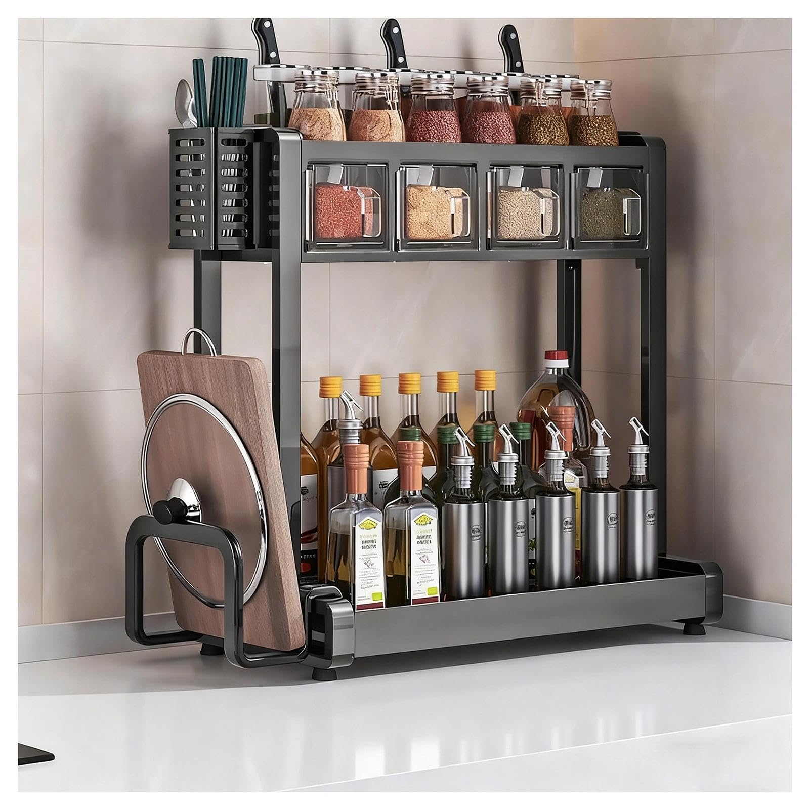HADECOLL Metal Spice Rack For Kitchen, Organizer With Hooks And Utensil Holders, Storage For Sugar, Salt, Pepper And Oil Bottles,Black-4 Boxes
