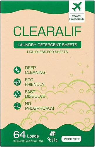 CLEARALIF CLEARALIF - Hojas de detergente para ropa, sin perfume, 64 cargas, tiras de detergente para ropa ecológicas e hipoalergénicas
