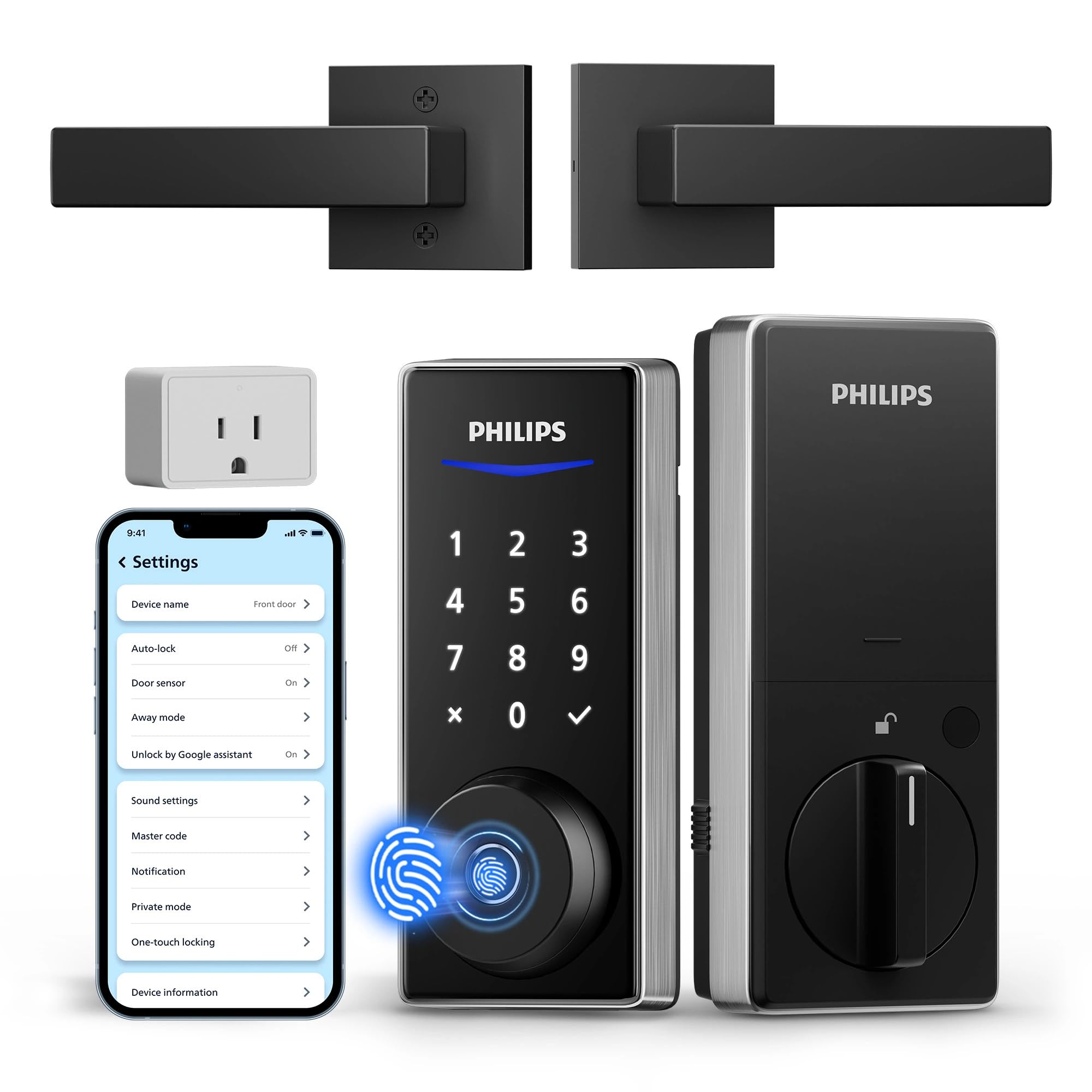 Philips WiFi Smart Lock with Handle, Fingerprint Keyless Entry Door Lock with WiFi Bridge, Smart Locks for Front Door with Handle Set, APP Remote Control, Work with Alexa&Google Assistant, Auto-Lock