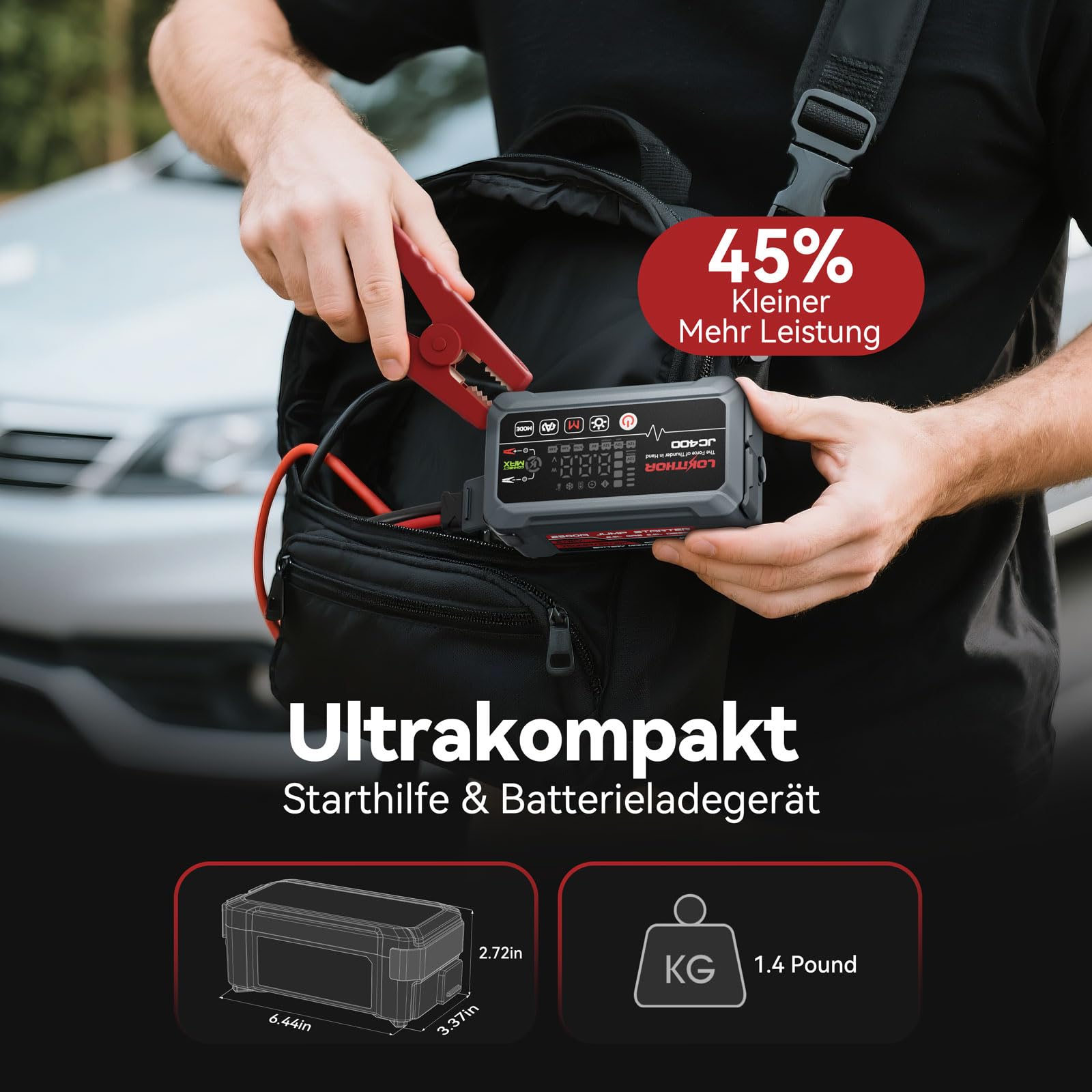 LOKITHOR JC400 9-in-1 Batterieladegerät mit Starthilfe Powerbank für Pkw, 2500A 12V Autostarter Powerpack für Autos bis 8,5L Benzin/6,5L Diesel, 6V/12V Autobatterie-Erhaltungsladegerät und Desulfator