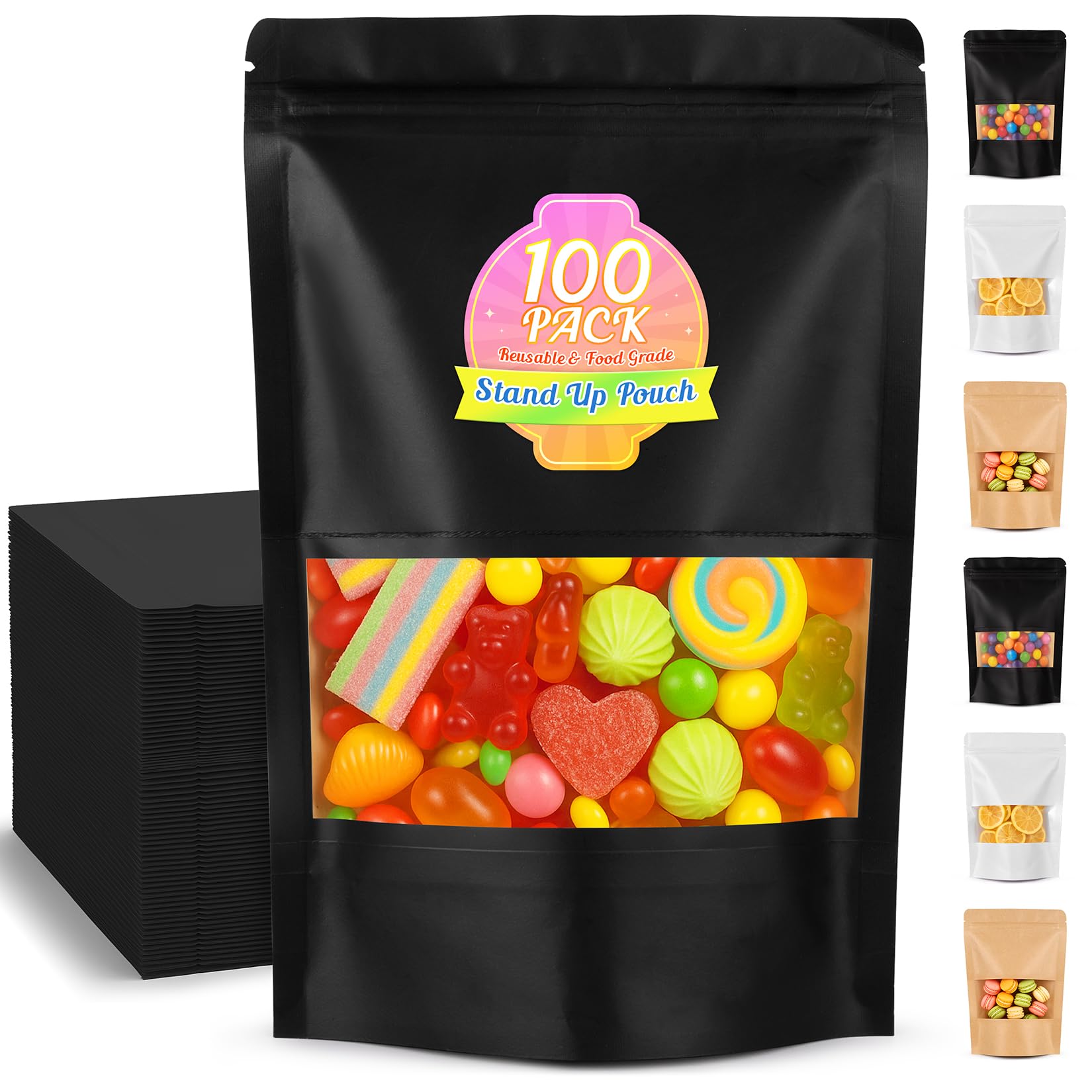 Mylar Bags for Food Storage, 100 Pack Smell Proof Bag with Window, Resealable Bags for Small Business, Candy Bags, Dog Treat Bag, Bakery Packaging, Stand Up Pouch (4.7"x7.9")
