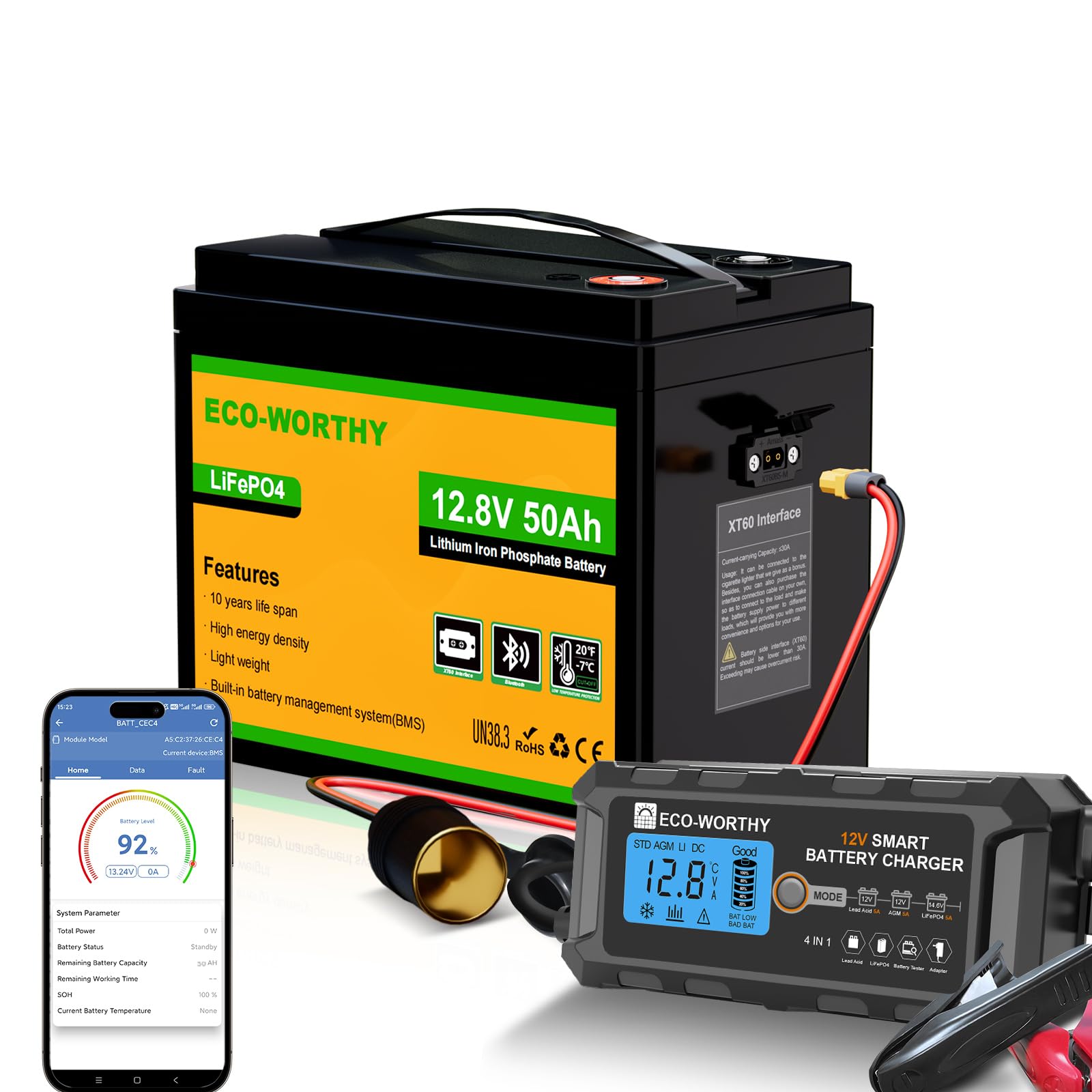 ECO-WORTHY LiFePO4 akumulator 12 V 50 Ah z ładowarką 12 V 5 A, akumulator litowy 640 Wh z 50 A BMS i 4000-15000 cykli do silnika trollingowego, łodzi