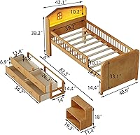 Vista 154 de Modern Full Size Platform Bed Storage Headboard and Safety Guardrail for Kids, Function Wood Platform Bed Frame with Built-in LED Light for Boy