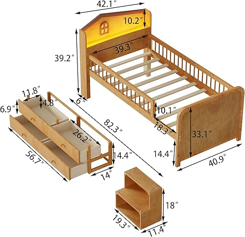 Miniatura 41 de Cama de plataforma de tamaño individual con cabecera de almacenamiento y luz LED integrada, base de cama de plataforma de madera con barandilla de