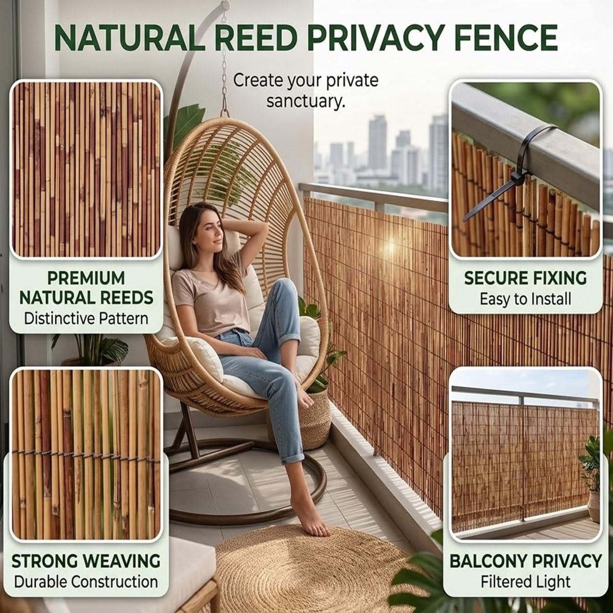 Arella in Canna Naturale per Recinzione Giardino e Balcone, 85% Copertura Arella Frangivista da Esterno per Terrazza e Piscina, Stuoia Ombreggiante Frangivento, Marrone(61x853cm(2x28ft))