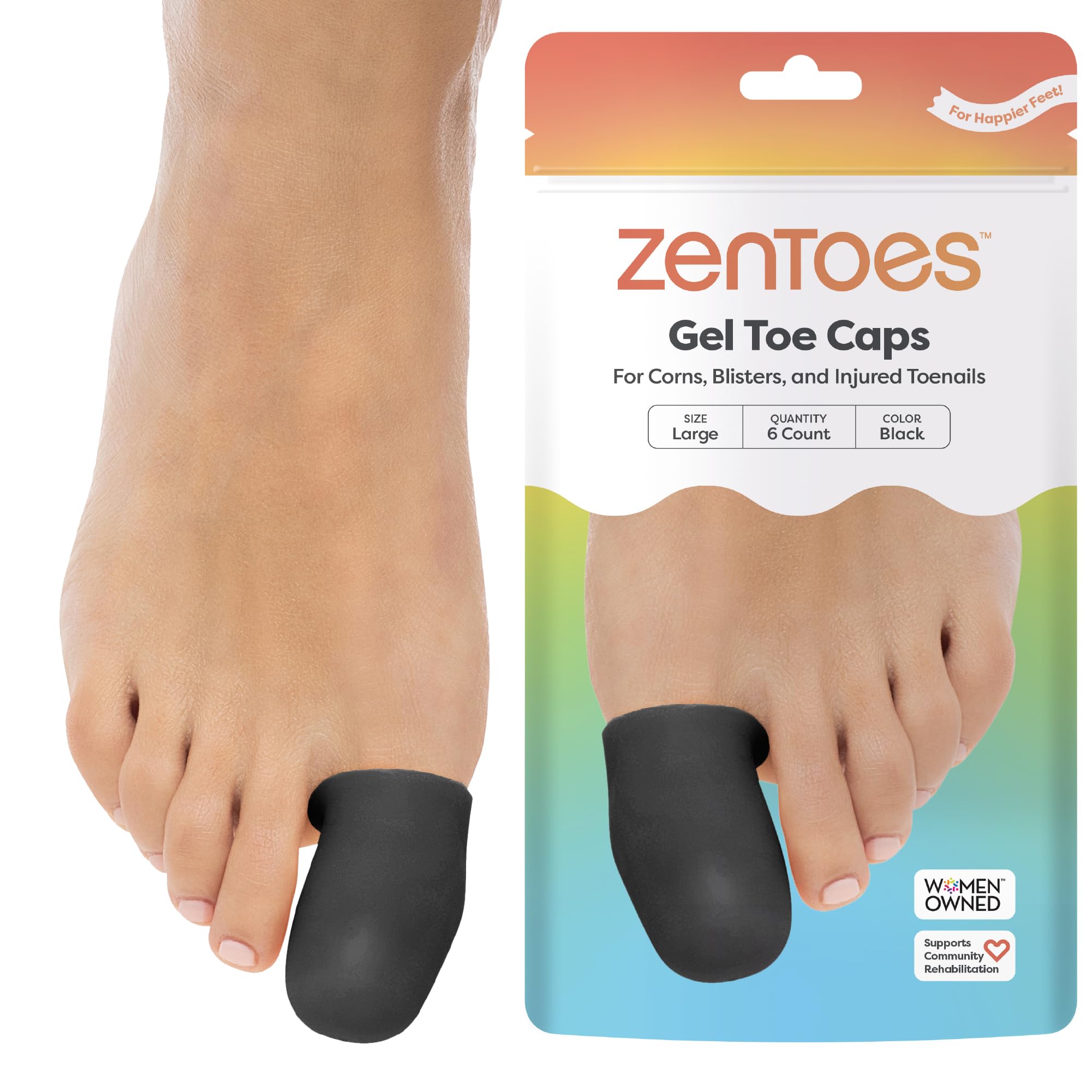 ZenToes 6 Pack Gel Toe Cap and Protector - Cushions and Protects to Provide Relief from Missing or Ingrown Toenails, Corns, Blisters, Hammer Toes (Large, Black)