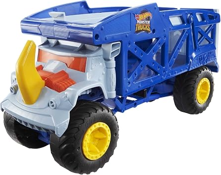 Hot Wheels Monster Trucks Rhino Rig Toy Hauler, Large-Scale Vehicle | Oversized Truck Carries & Stores 12 1:64 Scale Monster Trucks or 32 Cars, Large Yellow Horn on Hood, HFB13