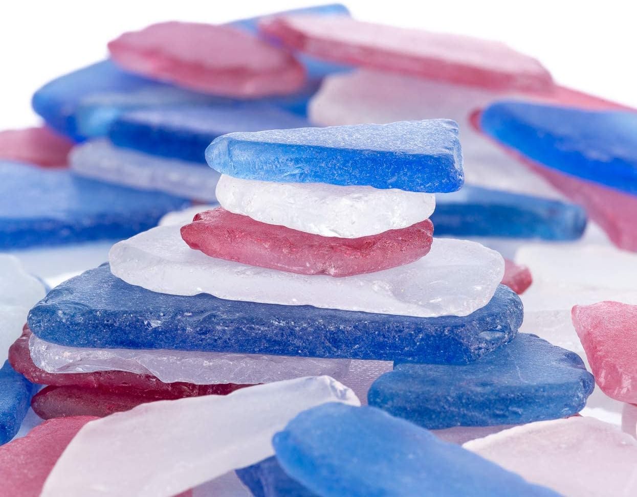 Red, White & Dark Blue Sea Glass – 22oz Beach Glass for Crafts, Vase Fillers & Decor – Bulk Tumbled SeaGlass Pieces for DIY Projects – Recycled Seaglass for Home, Weddings & Art