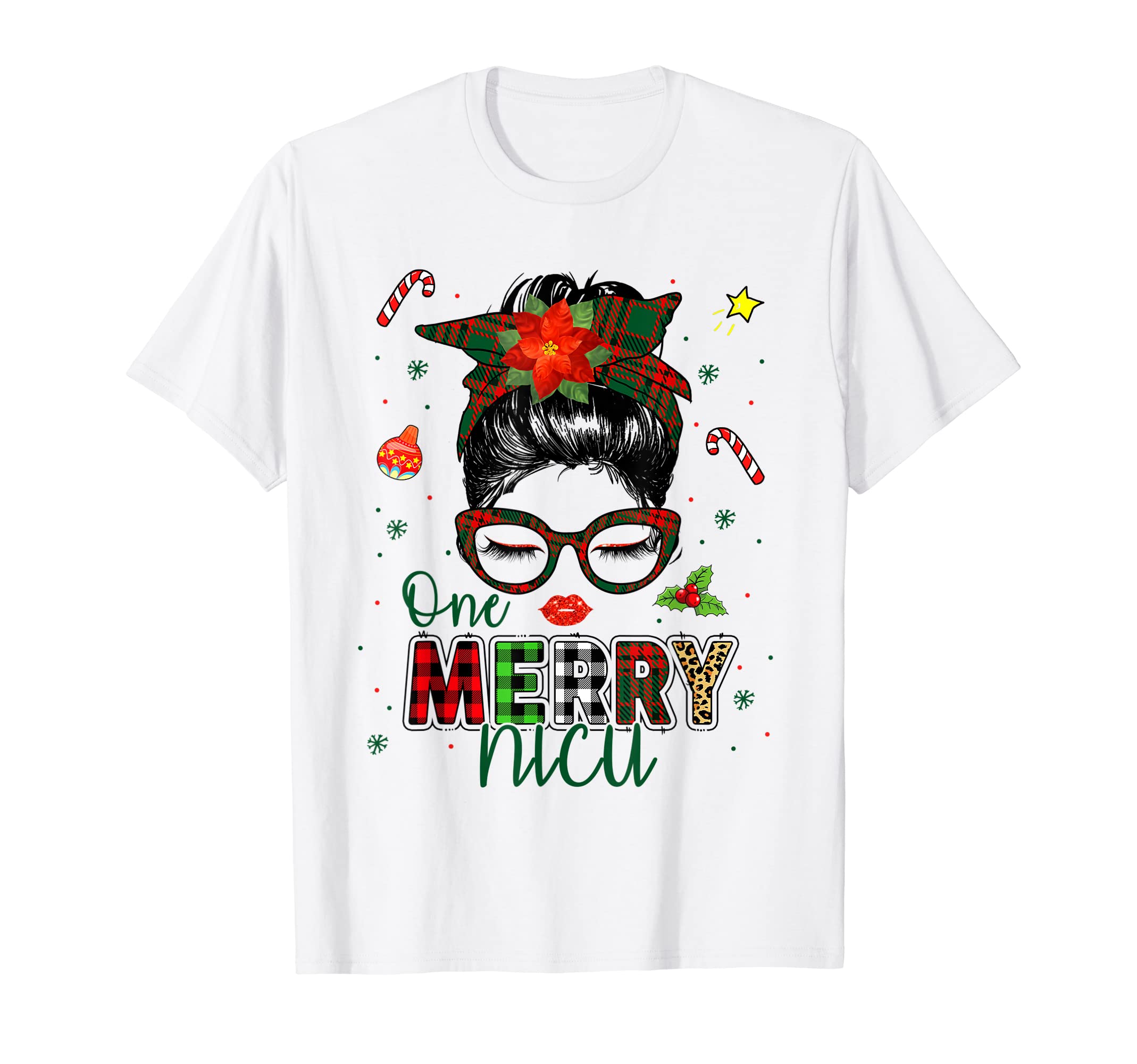One Merry NUCU Messy Bun Santa Hat Nurse Life Xmas Pajama T-Shirt