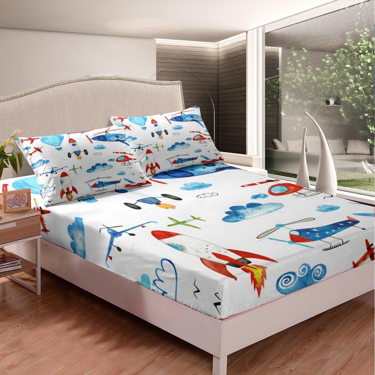 Feelyou Aircraft Bed Sheet Set for Children Kids Colorful Cartoon Airplane Bedding Set Nursery Helicopter Flying Plane Fitted Sheet Toddler Room Decor Travel Bed Cover Queen Size 4Pcs