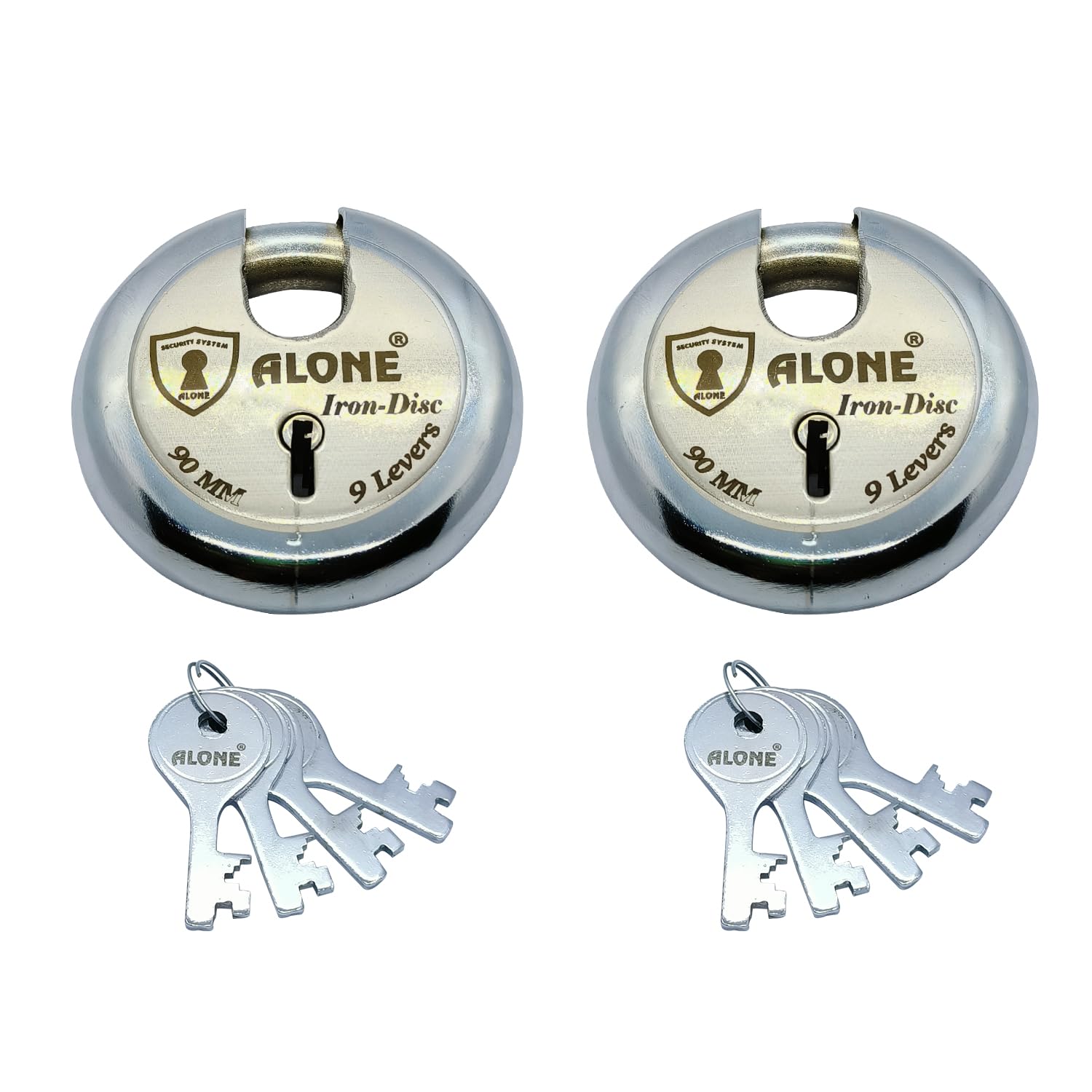 Alone Iron Steel Disc Padlock 90mm 3 Keys Shutter Lock for Home Door Main Grill gate Shop Shutter Factory | S.S Finish. (Shutter Disc Lock Pack of 2, 90mm)