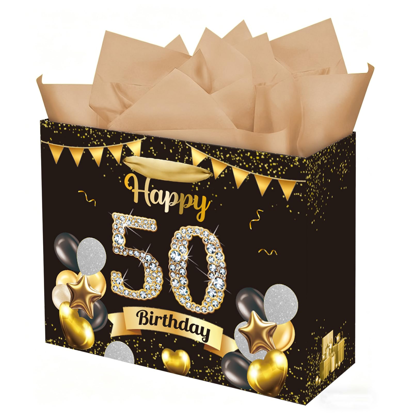 Black Gold 50th Birthday Gift Bag with Tissue Paper -50 Gift Bag for 50th Birthday Presents for Men/Women, Birthday Party Supplies-25x10x20 cm (50th birthday)
