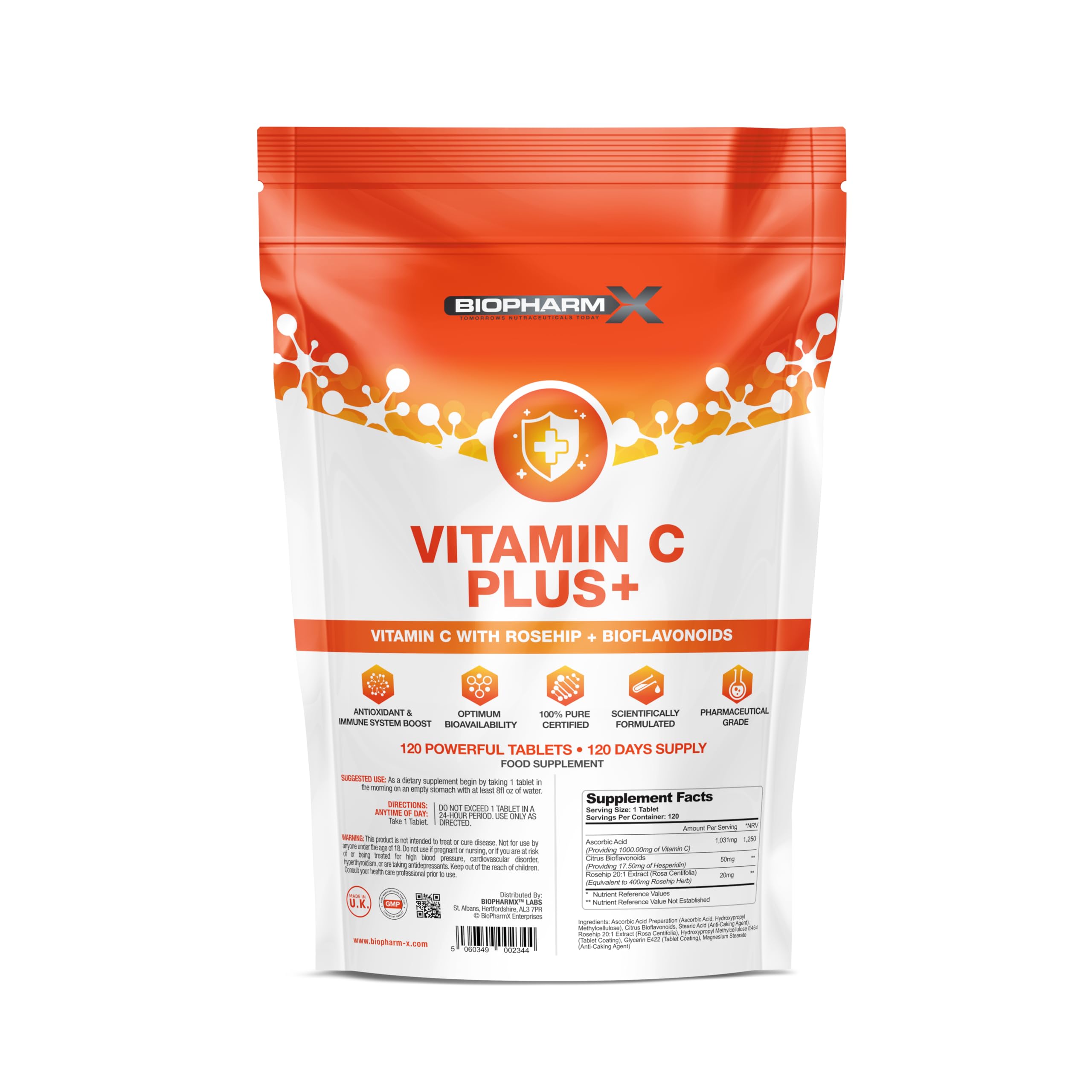 Maximum Strength Vitamin C 1000mg + Rosehip & Bioflavanoids (4 Month Supply) 100% Pure Certified - Suitable for Vegans & Vegetarians