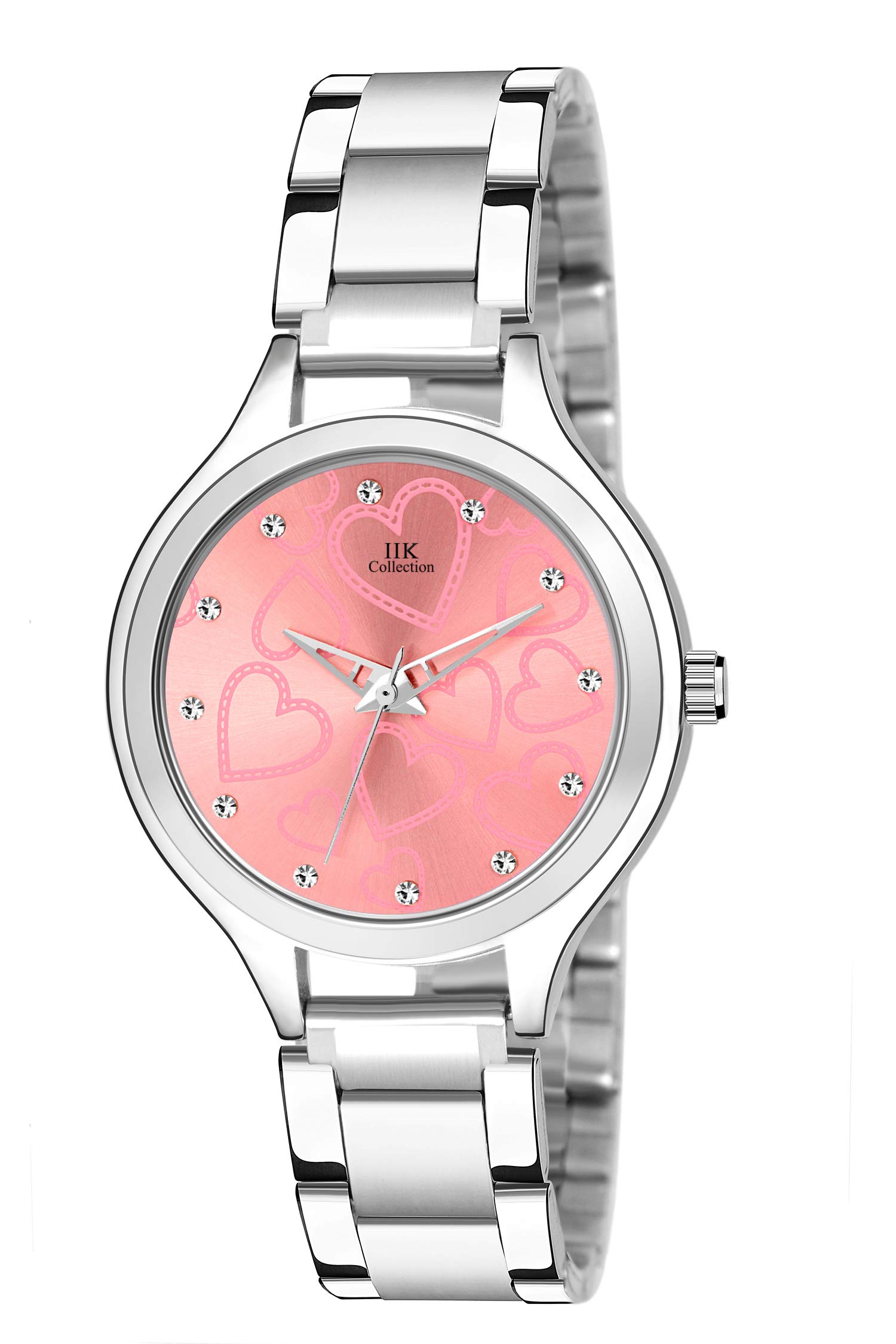 IIK COLLECTIONRound Studded Dial |Analogue Quartz Movemnet Ladies Watch|Long Battery Life|Stainless Steel Adjustable Bracelet Chain Strap|Double Lock Clasp Safety Watches For Girl's, Dial Color-Pink
