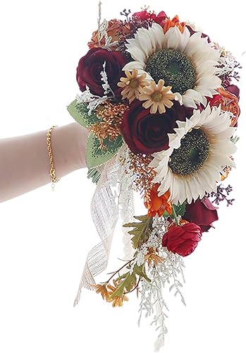 Miniatura 1 de Emivery Ramo de girasol vintage en cascada, ramo de girasol artificial y rosa burdeos para novia, ramo de lágrima nupcial para boda, ceremonia,
