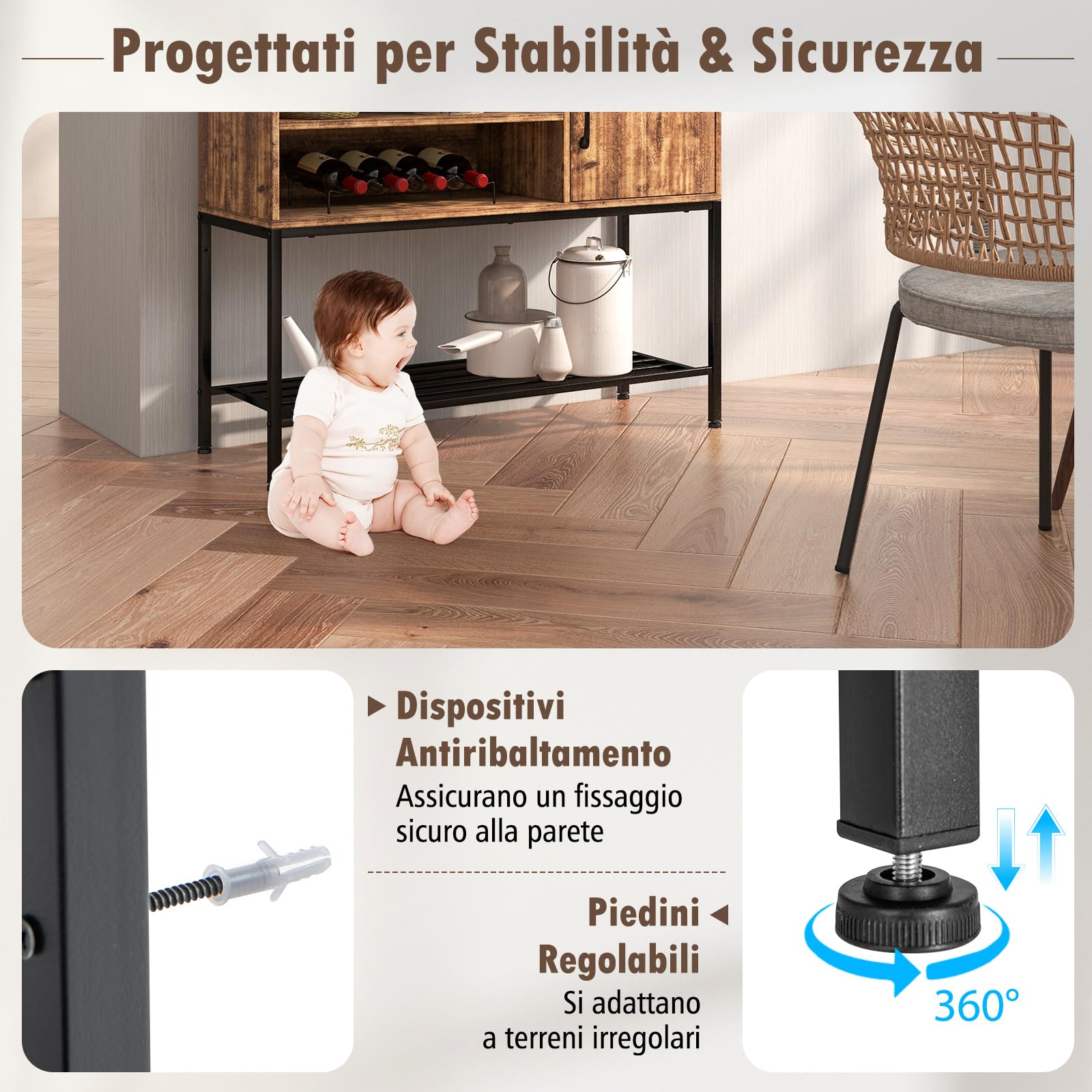 COSTWAY Credenza Buffet da Cucina, Mobile da Cucina con Portabottiglie e Mensole, per Sala da Pranzo, Soggiorno e Ingresso, 100 x 35 x 83 cm (Marrone)