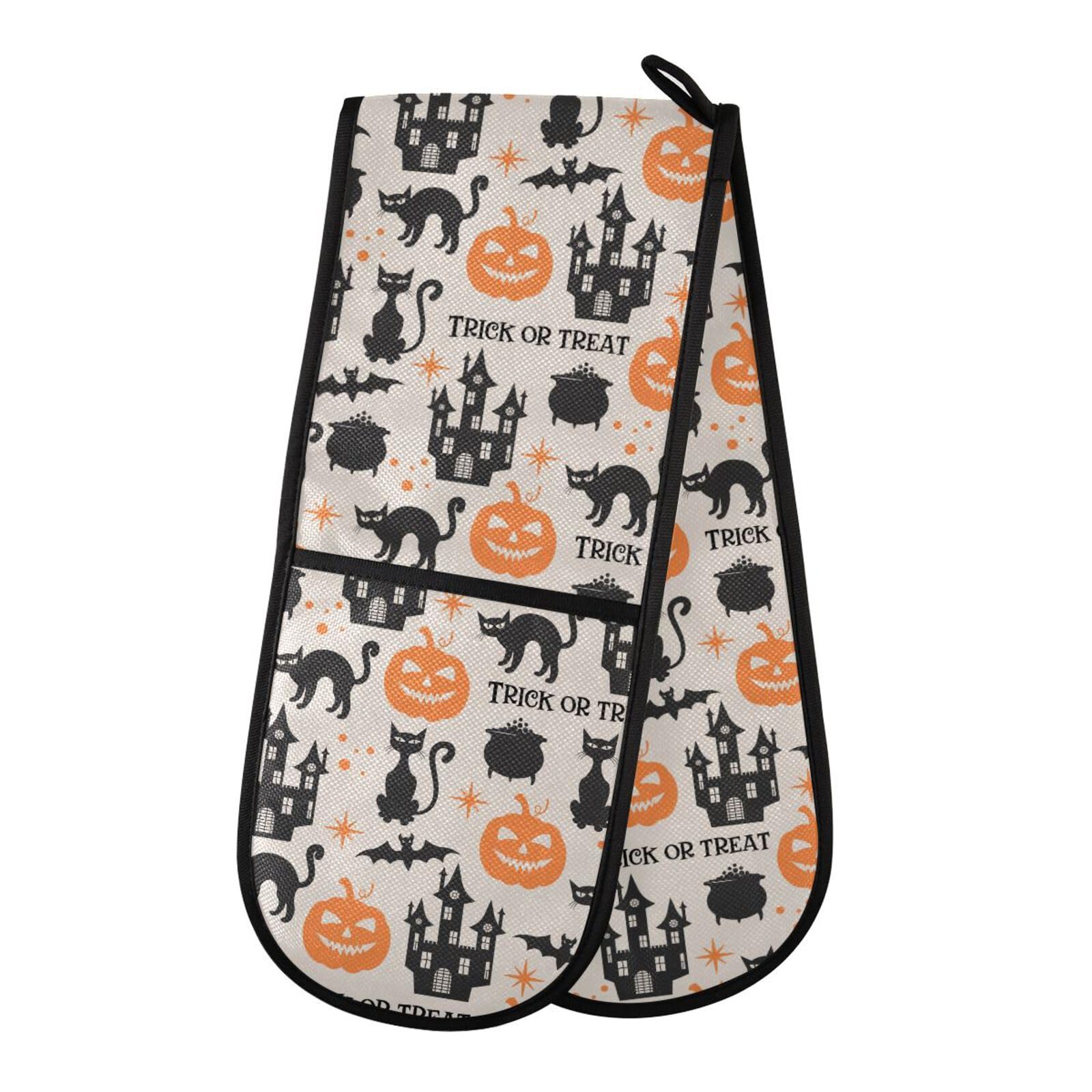 Double Oven Gloves Halloween Cat Bat Pumpkin Heat Resistant Pot Holder Oven Mitt Gloves for BBQ Cooking Baking Grilling Microwave