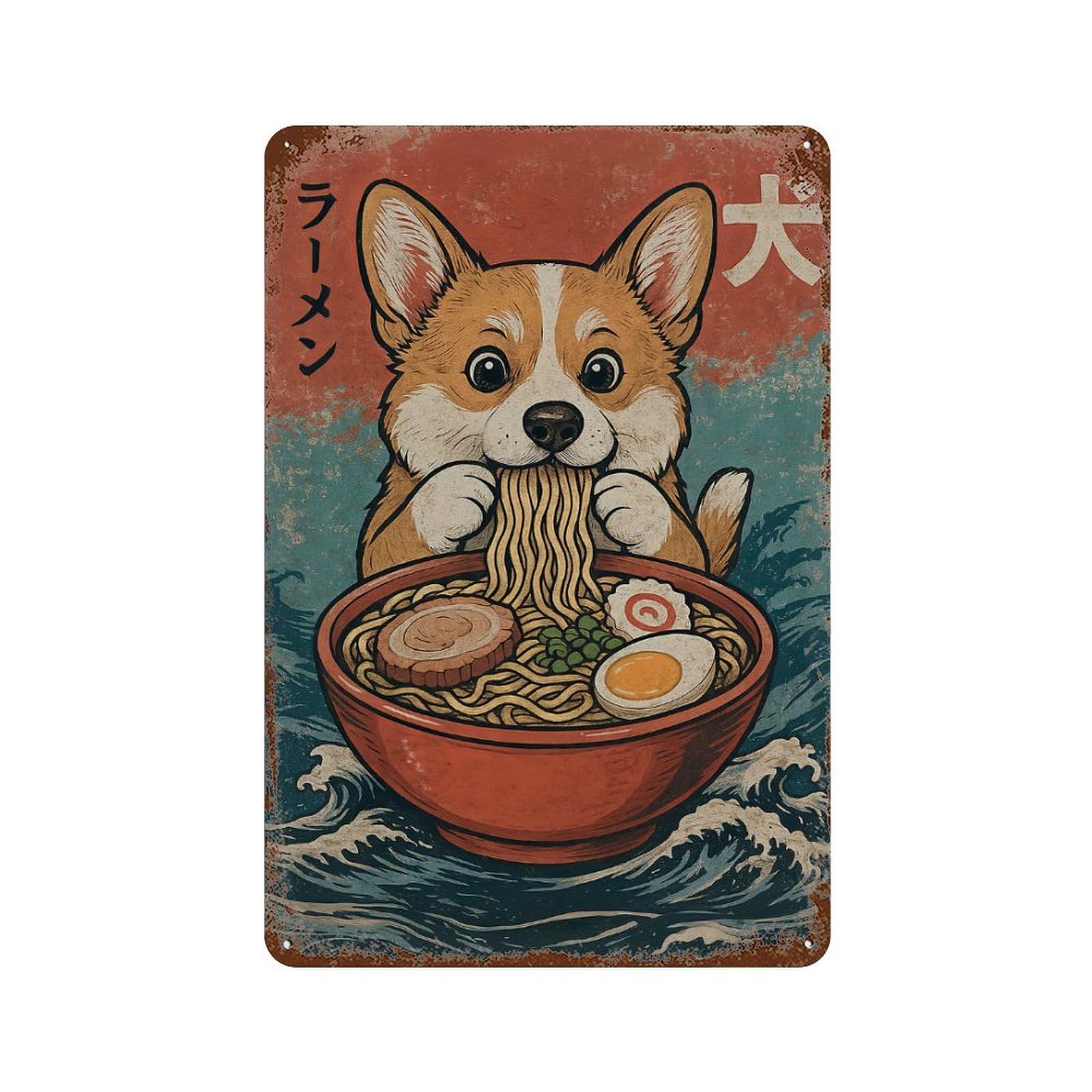 Garage Style Corgi Ramen Rustic Tin Plaque 11.8"x7.9", Vintage Wall Decor for Bar And Workshop