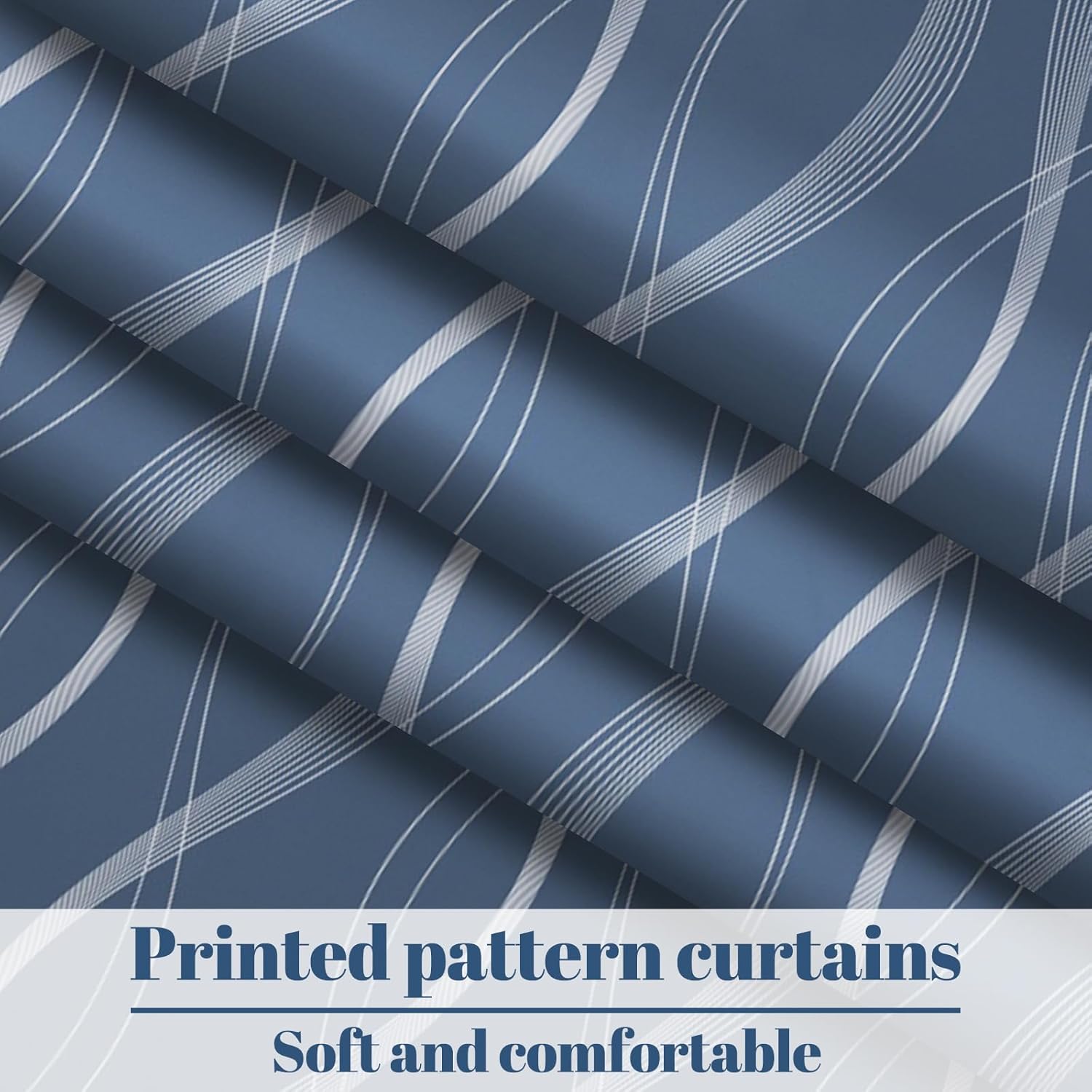 Blue Blackout Curtains for Bedroom 84 Inches Long - Blue Background with Gray and White Stripes, Grommet Thermal Room Darkening Window Drapes for Modern Living Room