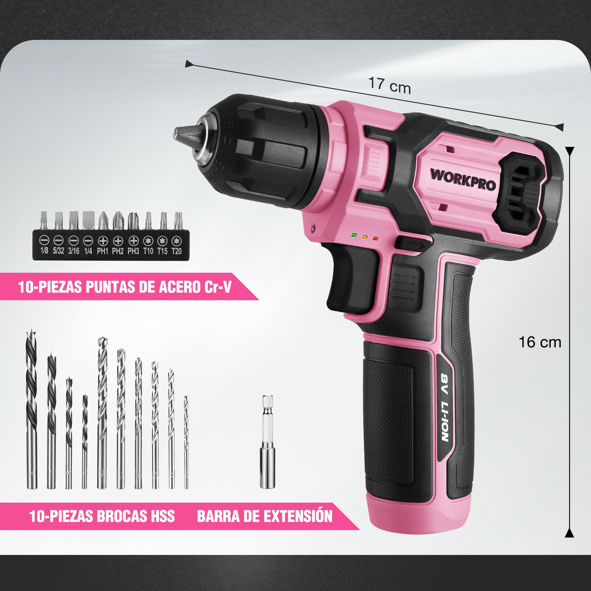 WORKPRO Atornillador Eléctrico 8V con 21 Accesorios, Rosa