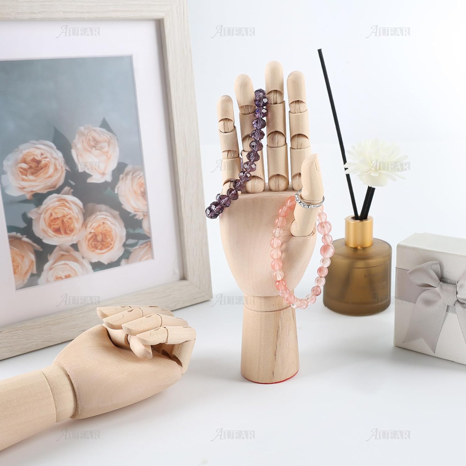 AUEAR, 4 Pack 7 Inches Left and Right Wooden Hand Model Art Mannequin Figures for Sketching Jewelry Display