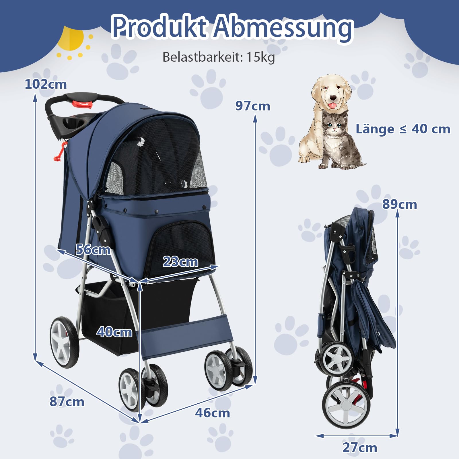 SOARS Poussette Chien Pliable, Charge 15 KG, Pousette Chat avec Fenêtre en Filet, Porte-Gobelet, Panier de Rangement, Coussin Confortable, pour Animaux de Compagnie, 87 X 46 X 102 CM (Bleu Foncé)