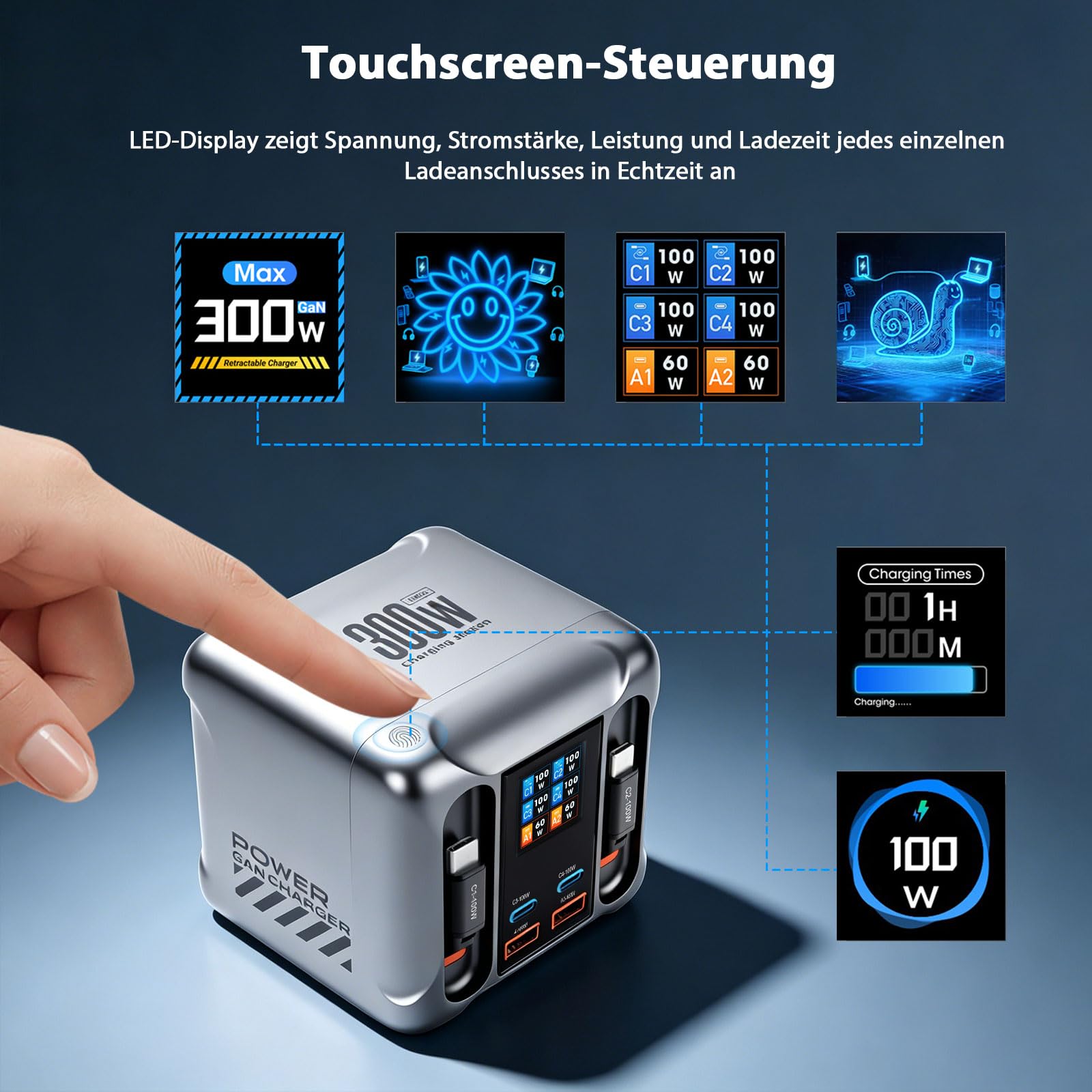 Caricatore USB C 6 in 1 e 300 W, display LCD, stazione di ricarica GaN ultra veloce (2 cavi + 2C + 2 A) Max PD100W/QC60W, caricatore multiplo USB, compatibile con iPhone 17/16/15, iPad, Android e