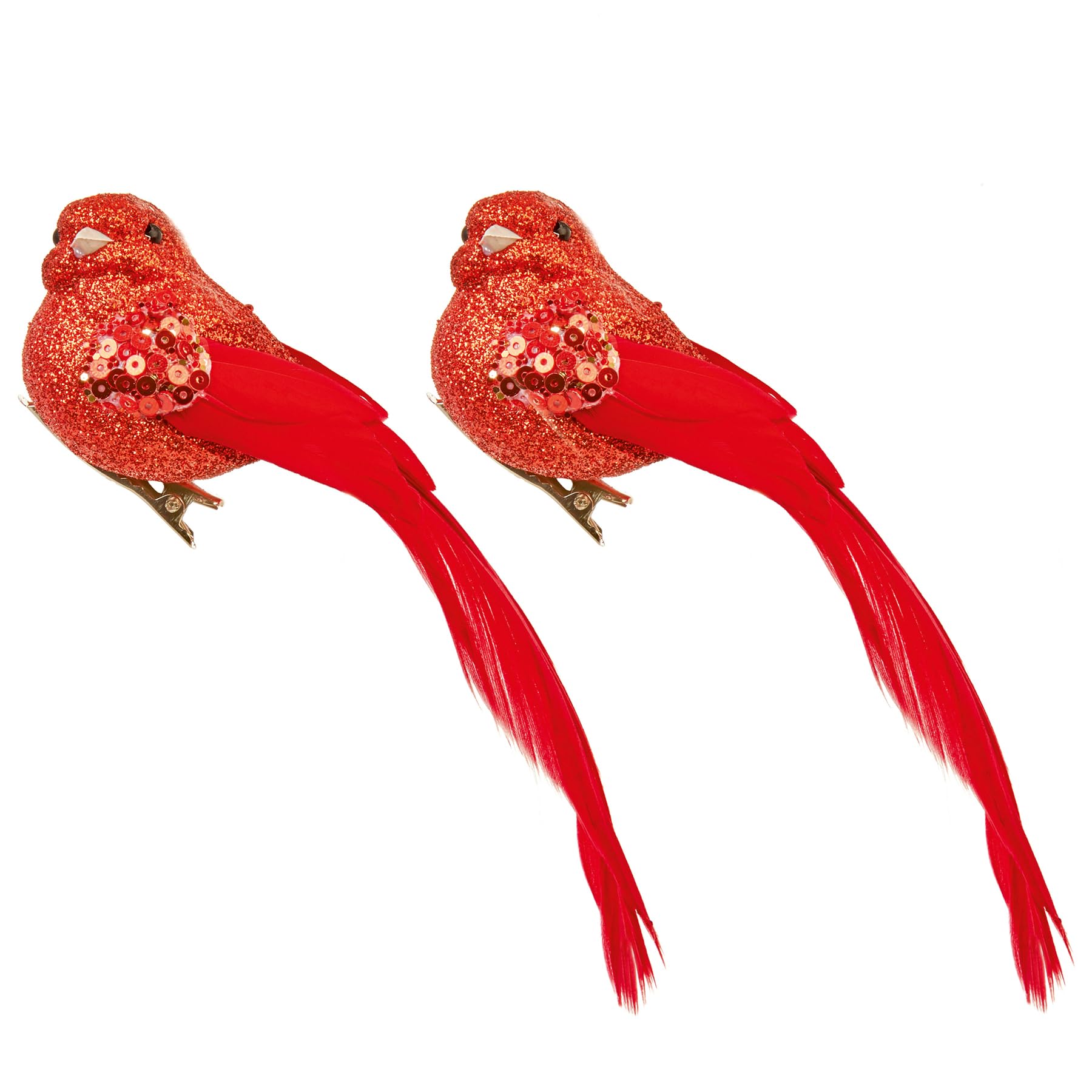 Christmas Tree Red Bird Clip on Decoration Glitter Sequin 18cm Set of 2-6629