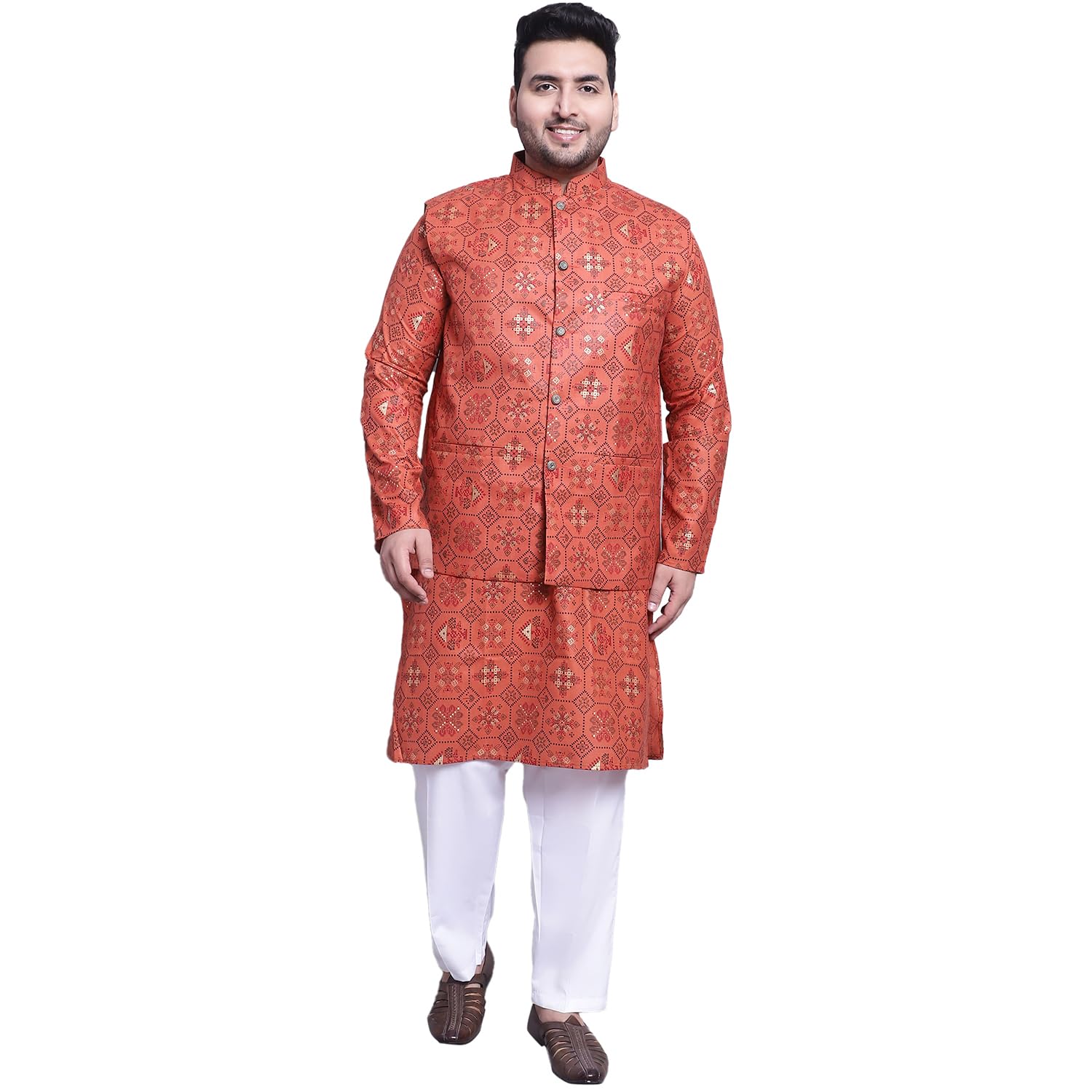 sojanya (Since 1958 Men's Cotton Linen Orange Kurta & Orange Nehrujacket with White Pyjama-picture-29