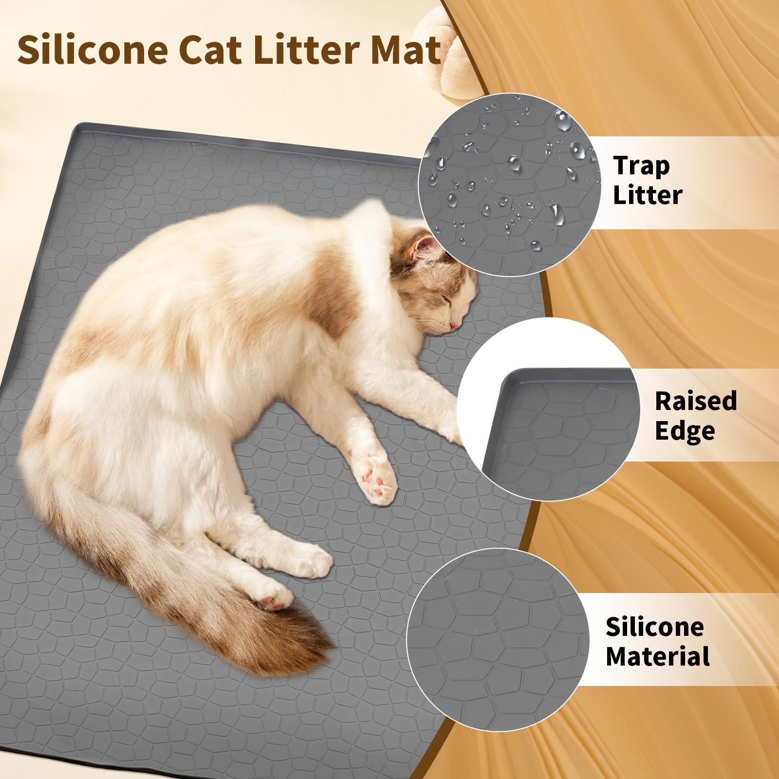 Tappetino per lettiera per gatti extra large, di alta qualità, resistente, impermeabile, in silicone, con bordi alti, antiscivolo, controllo dello spargimento, facile da pulire (86 x 55 cm, grigio)