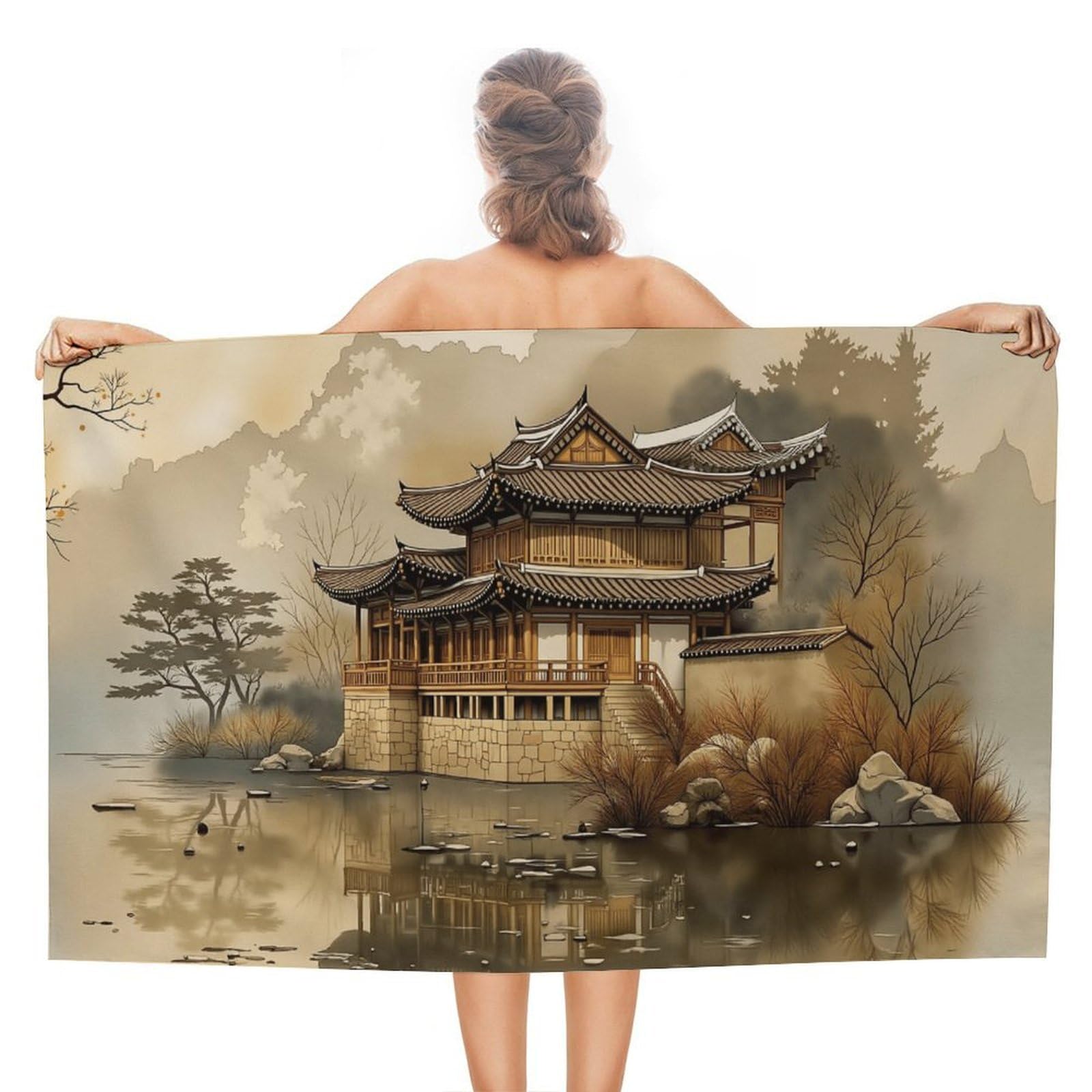 Anceky Asian Pagoda Landscape Beach Towel Microfiber Soft Absorbent Oversized Large Bath Towel Blanket Thin Quick Dry for Adults Swimming Pool Yoga Gym Travel 51"X31"
