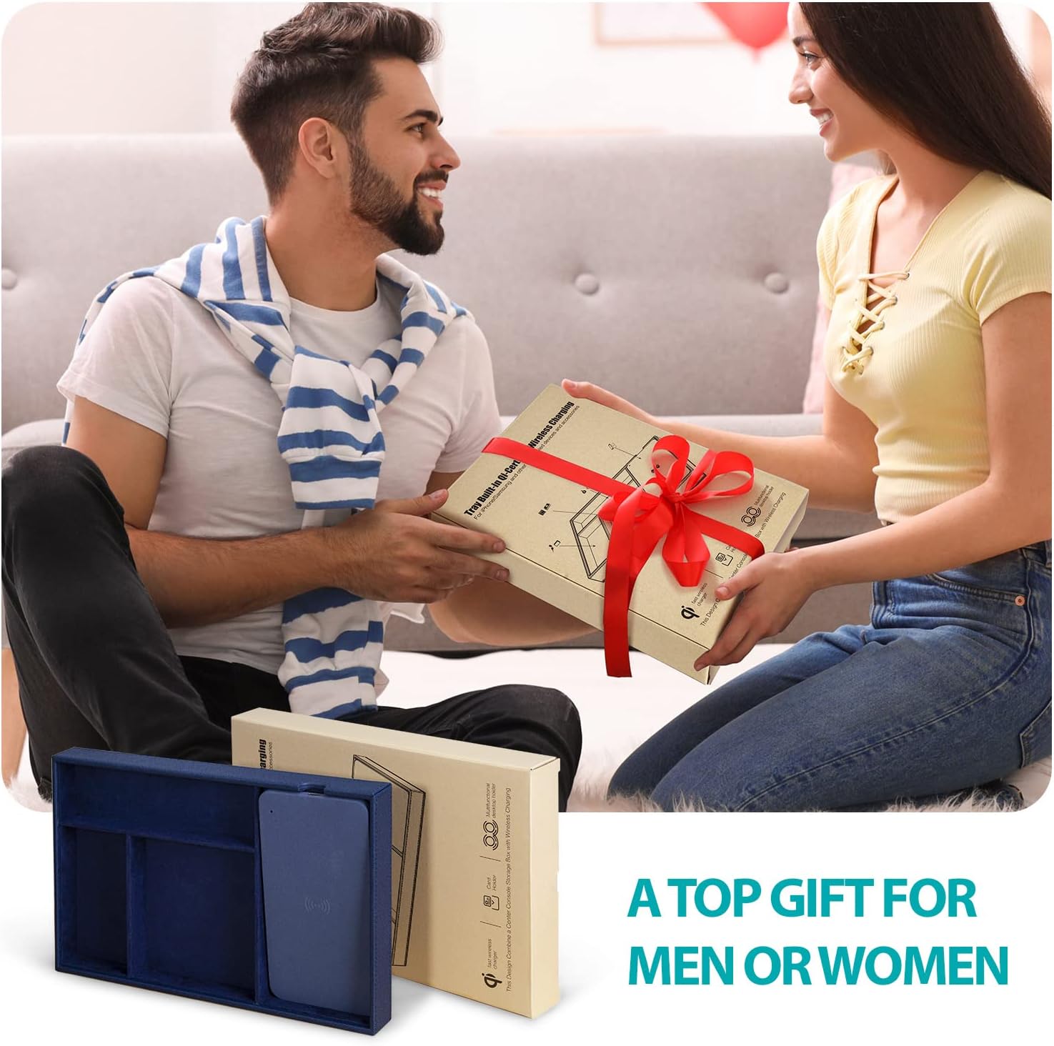 Valet Tray, Built in Wireless Charging Pad, Nightstand Organizer, Bedside Organizer, Mens Jewelry Box, Everyday Carry Tray for Men and Women -Blue