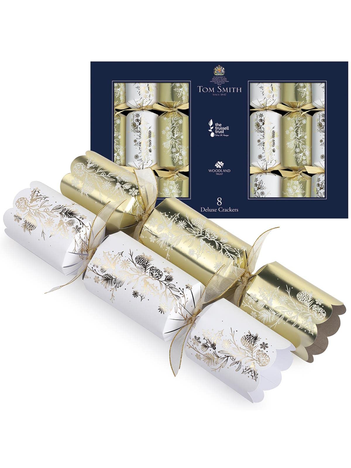 Tom Smith Gold/White Pack Of 8 Deluxe & Holly And Ivy Charity Christmas Crackers Eco 33Cm