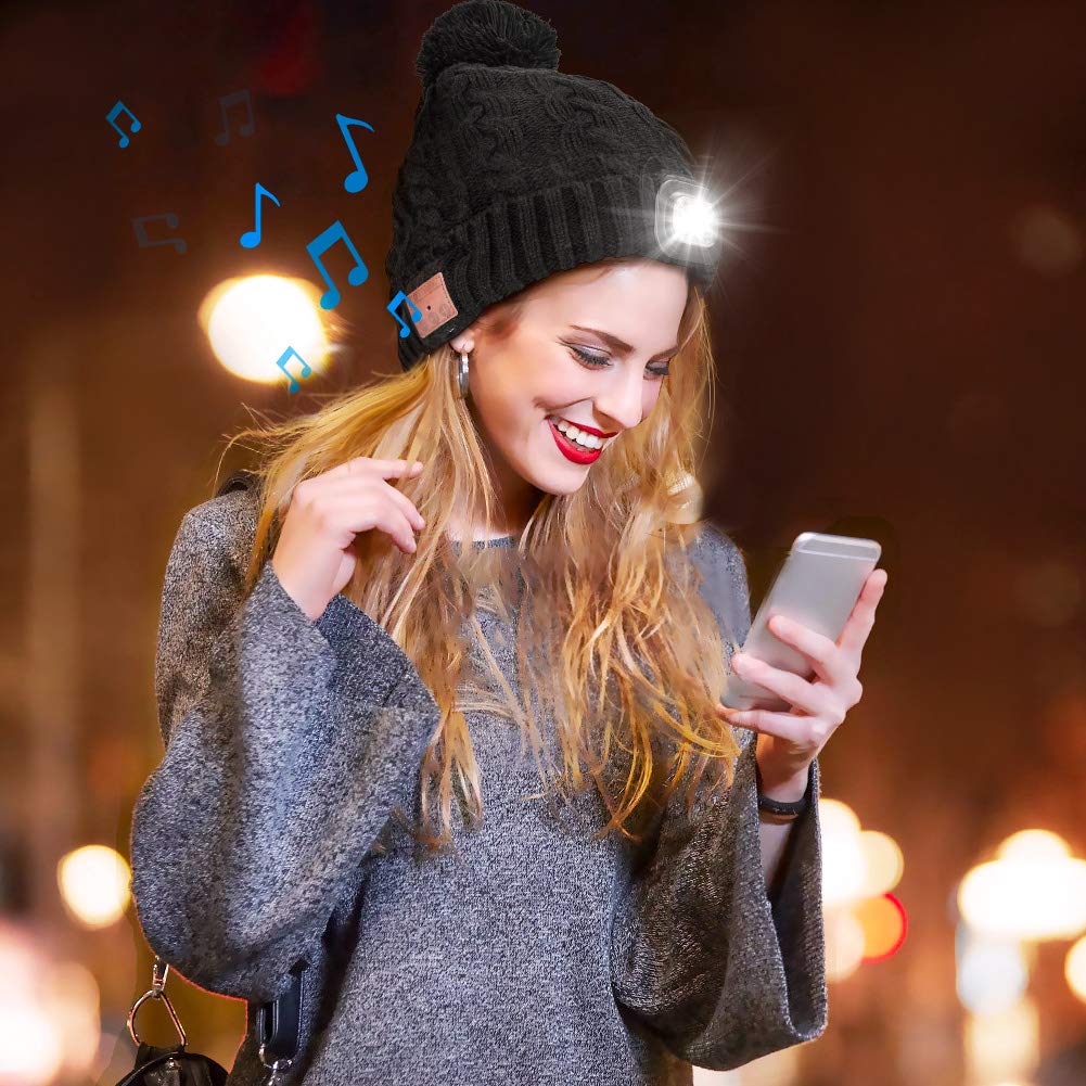 Powcan Wintermütze mit Licht Wireless Bluetooth 5.0 Music Mütze 4 LED Hut USB aufladbare Caps für Männer Frauen warme Strickmütze