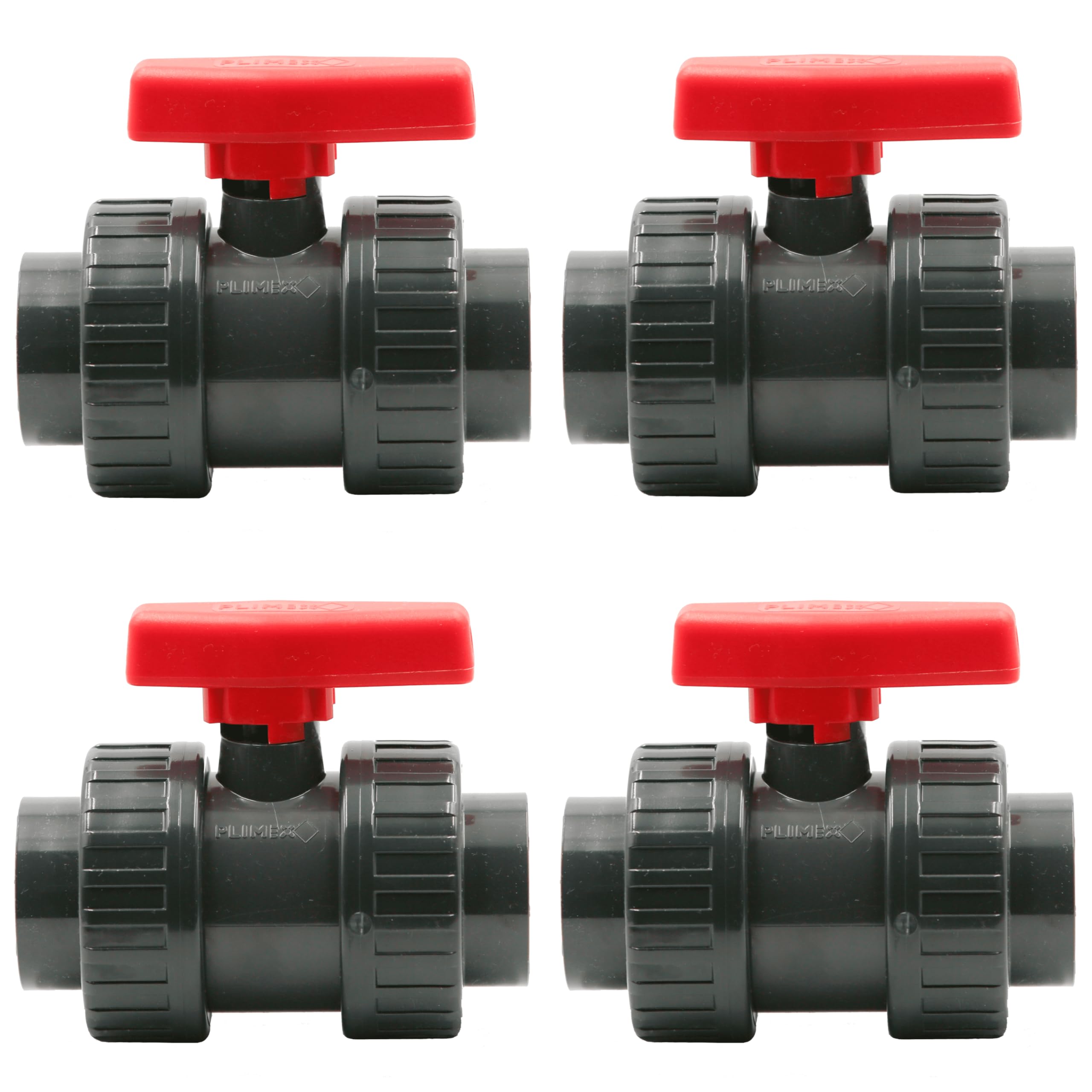 HAF 4X PVC 2 Wege Kugelhahn Roter Griff mit 50mm x 50mm | Klebemuffe x Klebemuffe | Absperrhahn aus grauem PVC-U | PN16 für Poolfitting, Pool, Schwimmbad, Poolverrohrung, Druckleitung, Rohrleitung