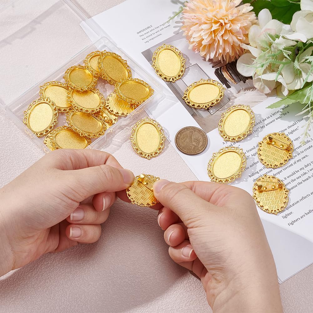 PH PandaHall 20PCS Cabochon Brooch Oval Blank Bezel Tray with Pin Vintage Style Golden Brooch Pins Cabochon Frame Photo Pins Base for Wedding Christmas Thanksgiving DIY Jewelry Making - Image 3