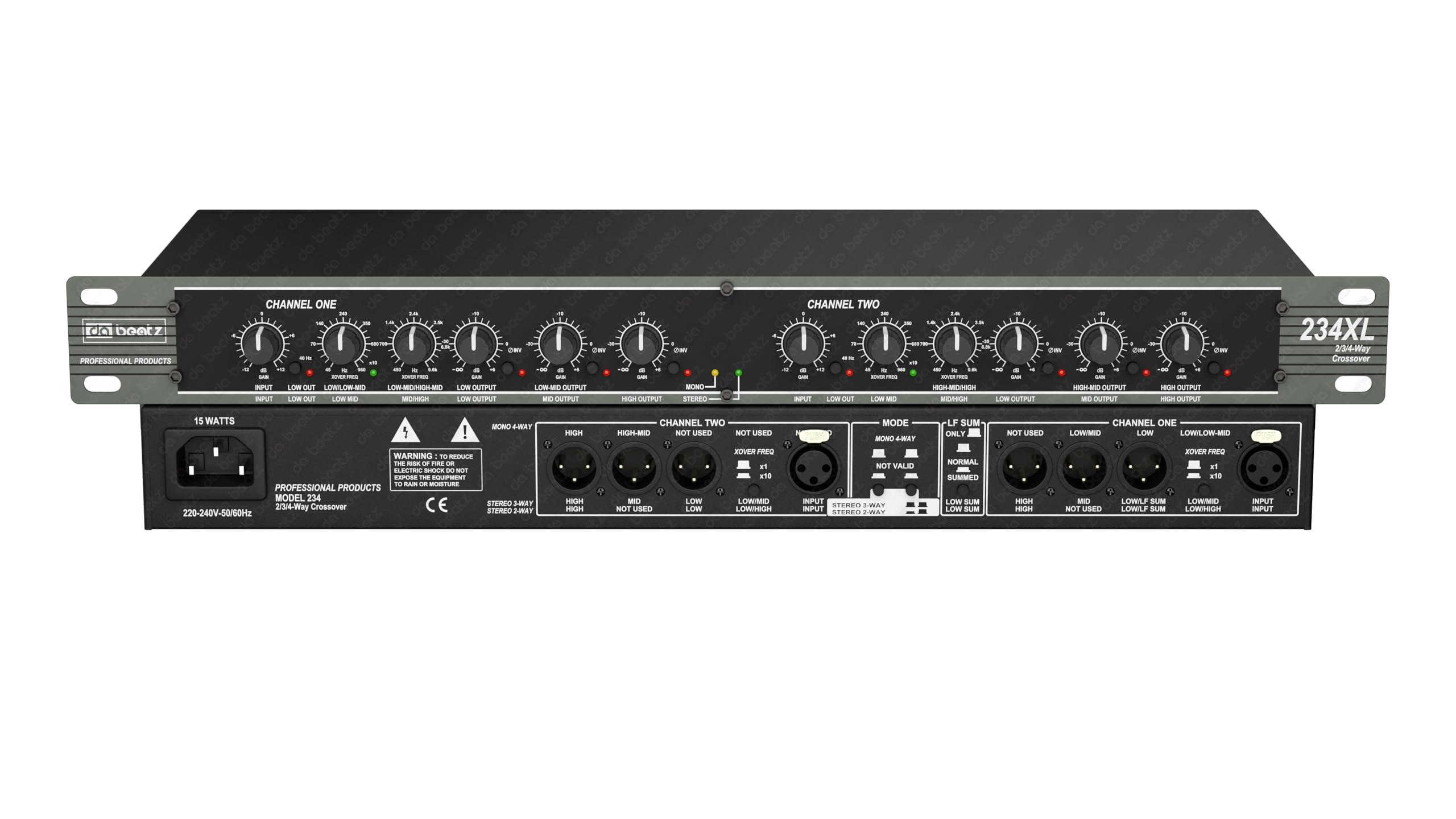 DaBeatz Multi Effect Processor Crossover,High-Precision Stereo 2 Way/3 Way/Mono 4 Way Crossover-234Xl Black With Subwoofer Output