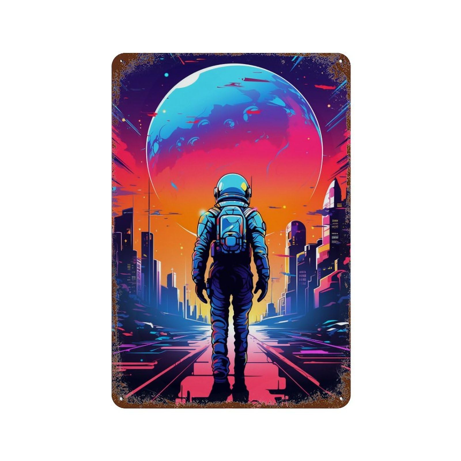 Space Cityscape with Astronaut Rusty Metal Tin Sign 11.8"x7.9", Shabby Chic Decor for Garage, Bar And Workshop Decor