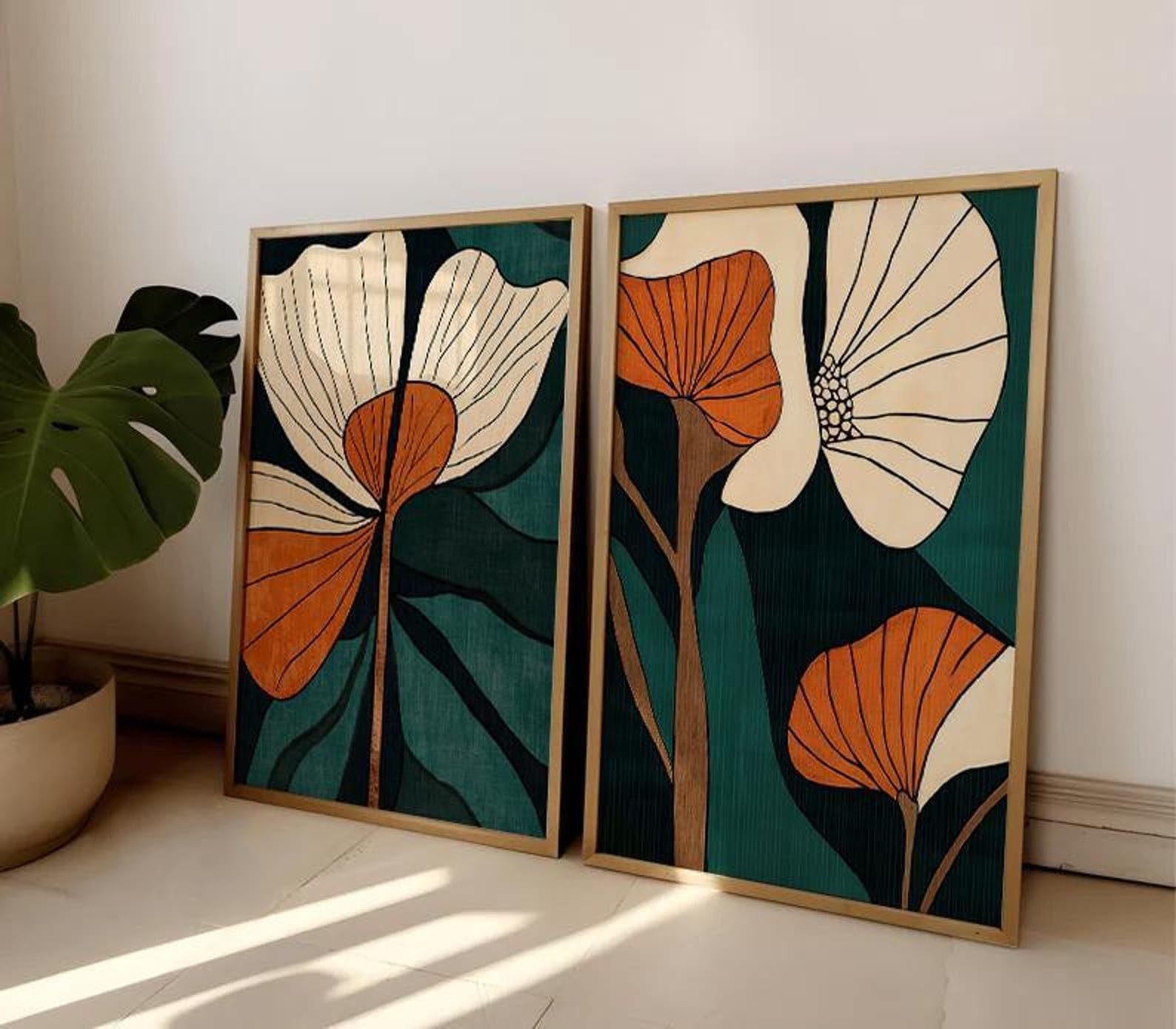 CAOXTART Zestaw 2 abstrakcyjnych obrazów botanicznych, nowoczesne kwiatowe dekoracje ścienne do sypialni, retro kwiatowe nadruki do domu (20 x 30 cm x 2 / wewnętrzna rama)