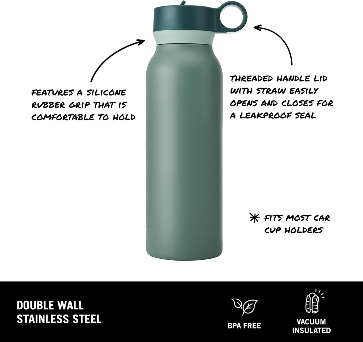 BUILT 40oz Cascade Double Wall Vacuum Insulated Stainless Steel Water Bottle with Wide Mouth Straw Lid, Sage - Image 3